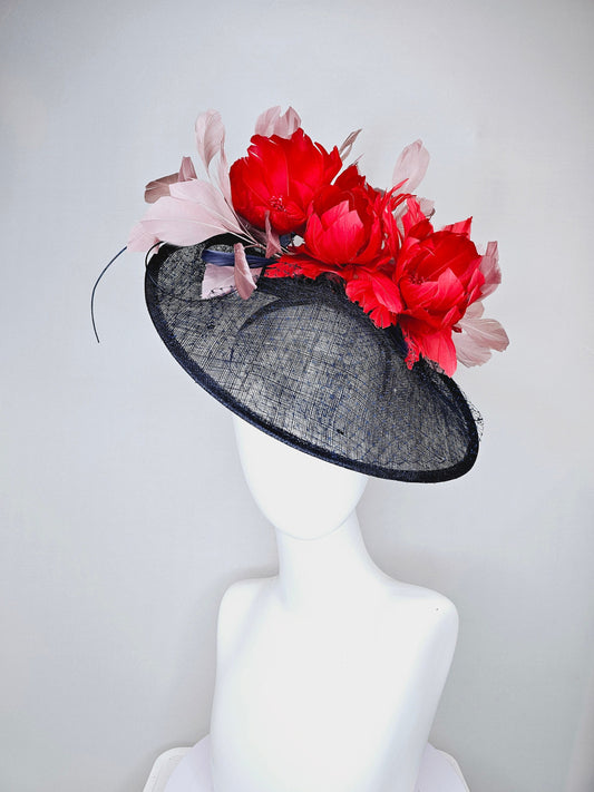 kentucky derby hat fascinator midnight navy blue sinamay saucer with netting and sequin,red fluffy feather flowers and blush taupe feathers