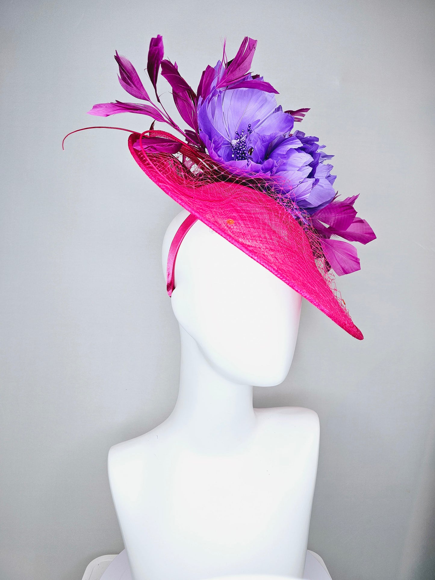 kentucky derby hat fascinator hot pink sinamay saucer with matching pink netting n sequin,lavender purple feather flowers,purple feathers