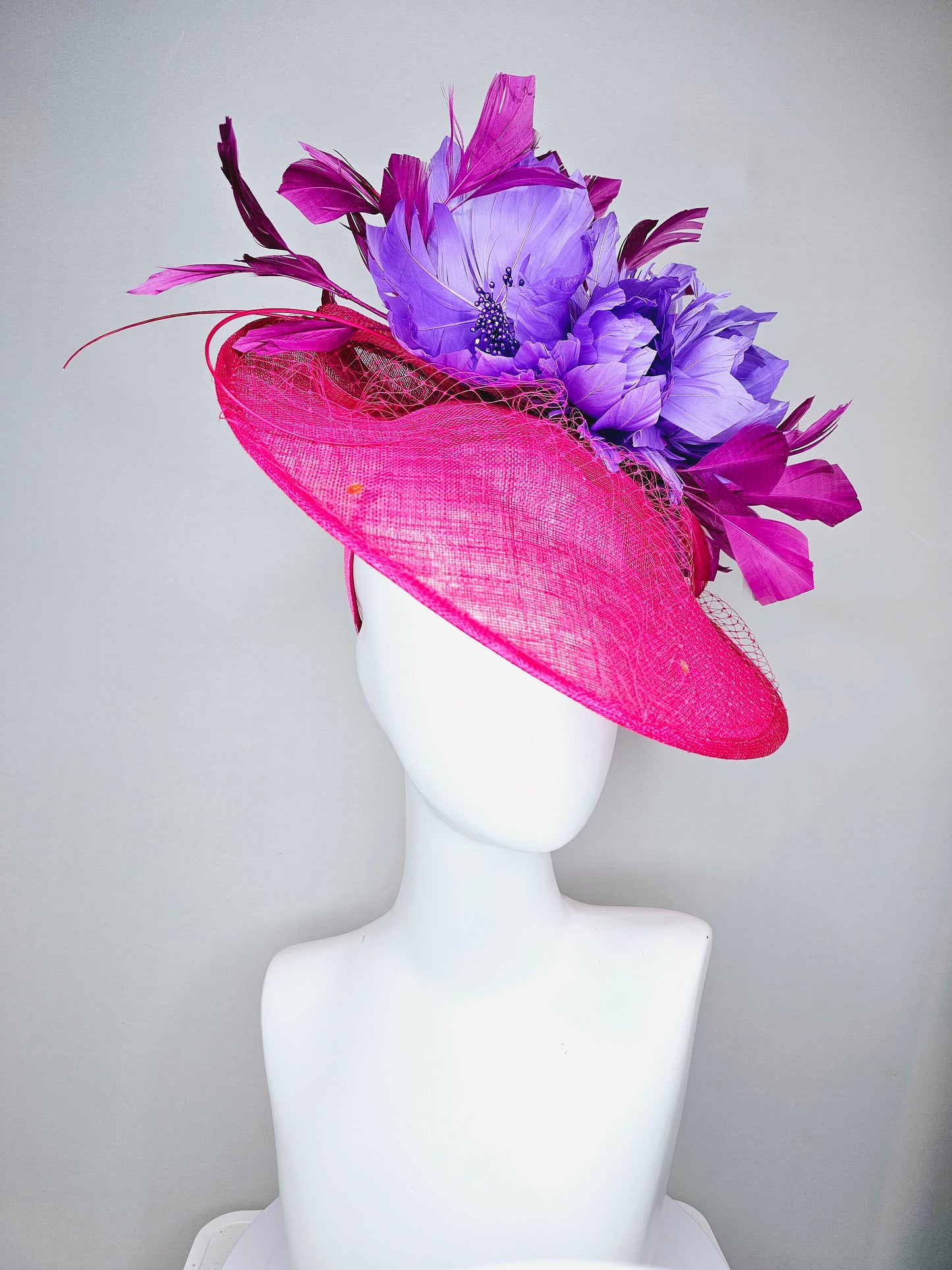 kentucky derby hat fascinator hot pink sinamay saucer with matching pink netting n sequin,lavender purple feather flowers,purple feathers