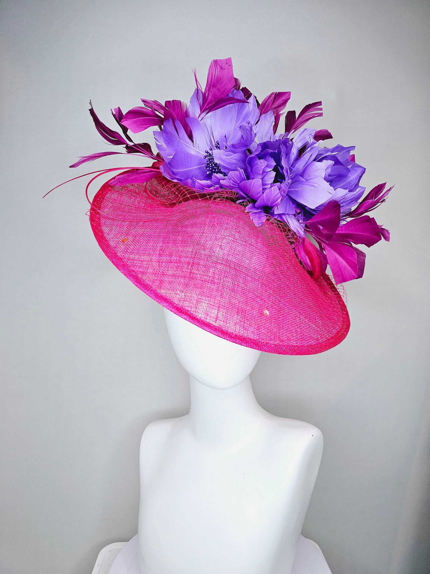 kentucky derby hat fascinator hot pink sinamay saucer with matching pink netting n sequin,lavender purple feather flowers,purple feathers