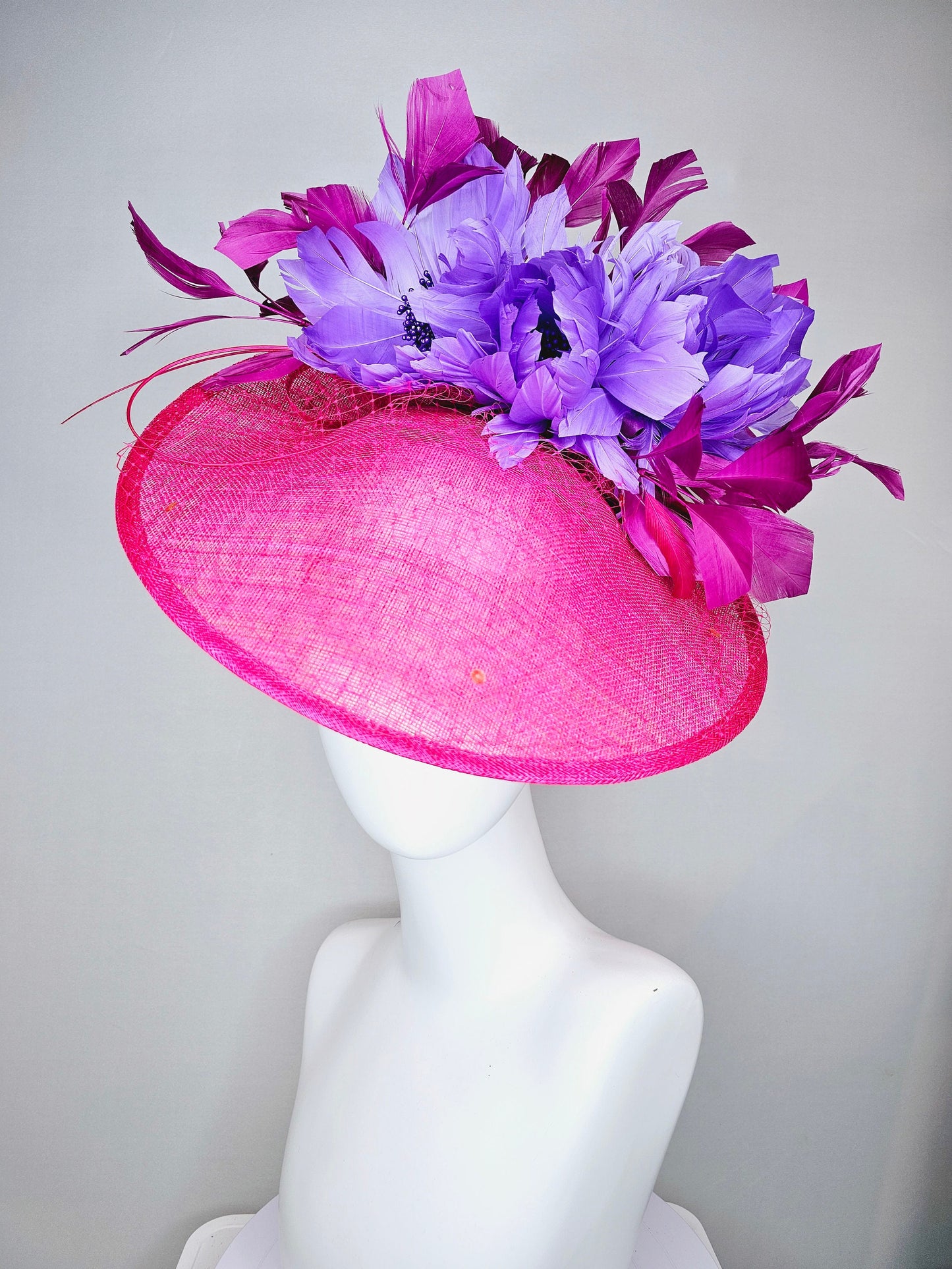 kentucky derby hat fascinator hot pink sinamay saucer with matching pink netting n sequin,lavender purple feather flowers,purple feathers