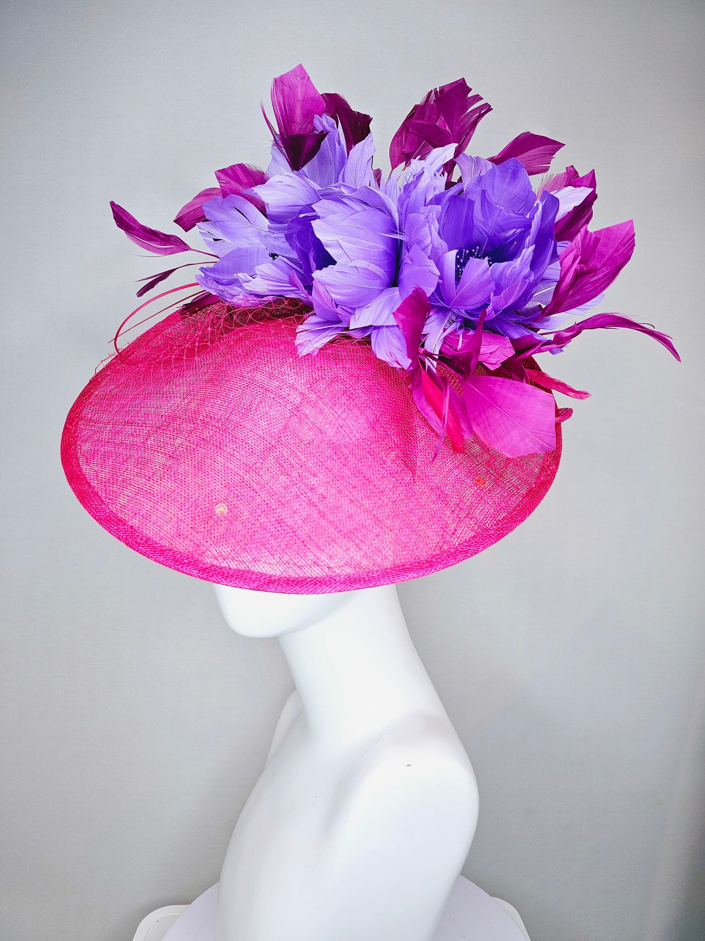 kentucky derby hat fascinator hot pink sinamay saucer with matching pink netting n sequin,lavender purple feather flowers,purple feathers