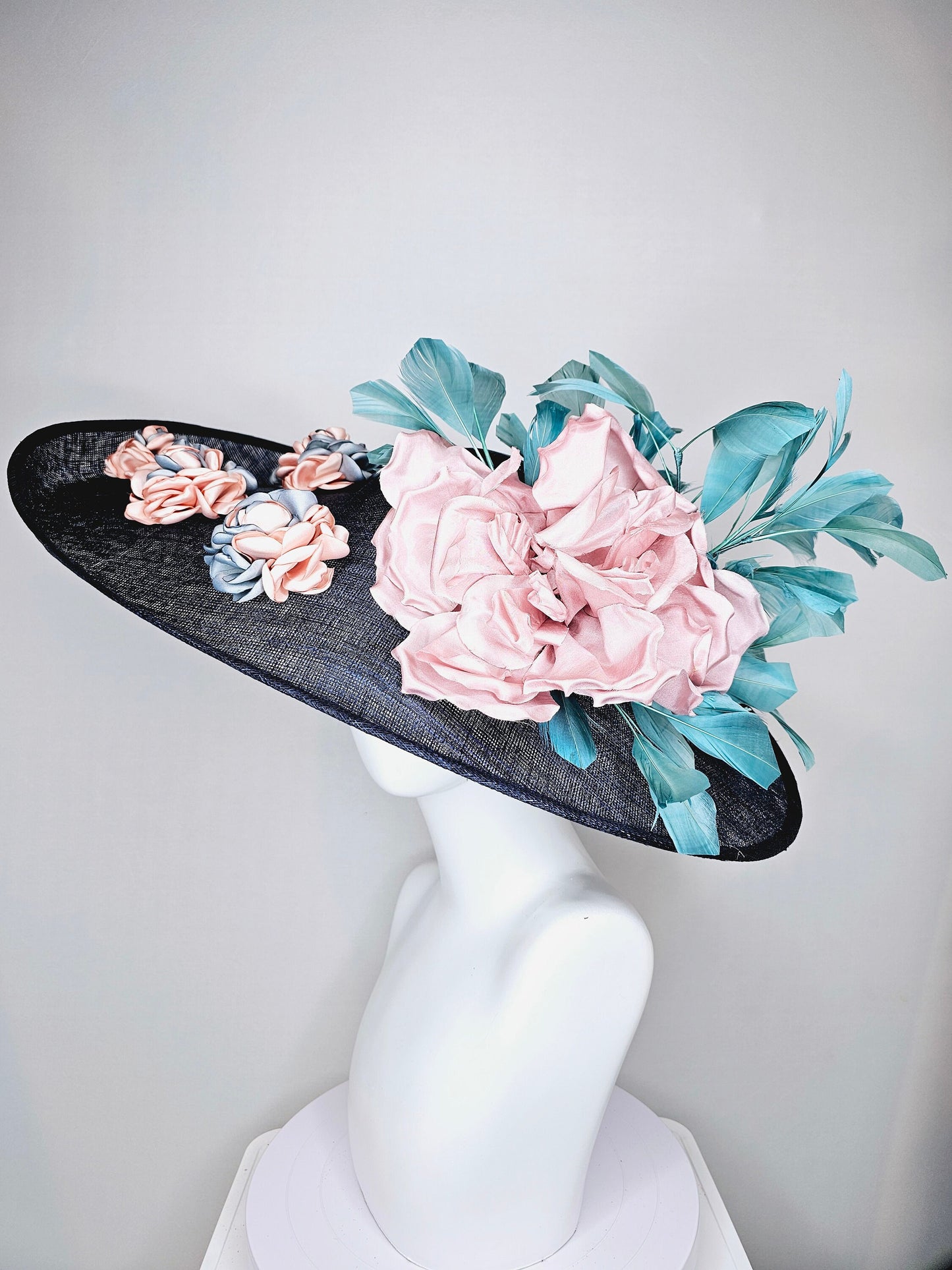 kentucky derby hat large wide brim sinamay midnight navy blue hat,teal blue feathers,pink satin flower,with silver peach embroidered flowers