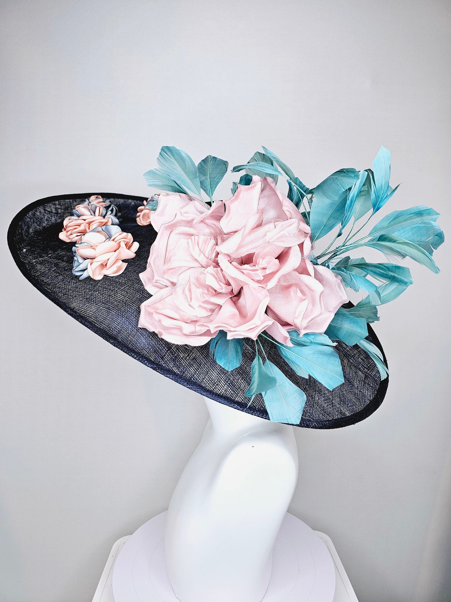 kentucky derby hat large wide brim sinamay midnight navy blue hat,teal blue feathers,pink satin flower,with silver peach embroidered flowers