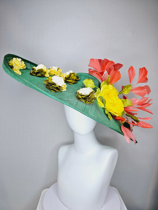 kentucky derby hat wide brim large green sinamay with yellow satin flower,green leaves,coral orange feathers and satin embroidered flowers