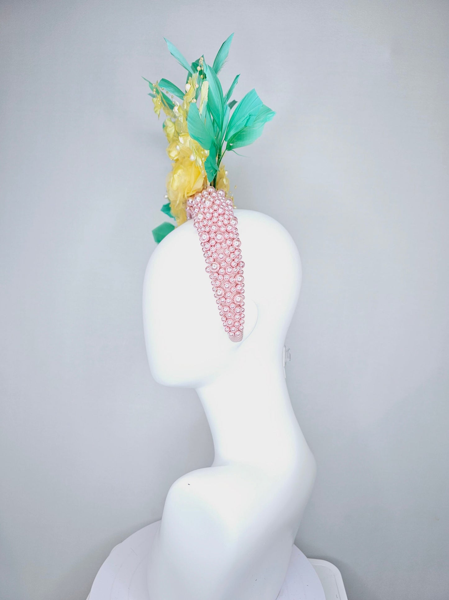 kentucky derby hat fascinator light baby pink pearl beaded headband,yellow organza satin flowers and yellow pearl strings with green feather