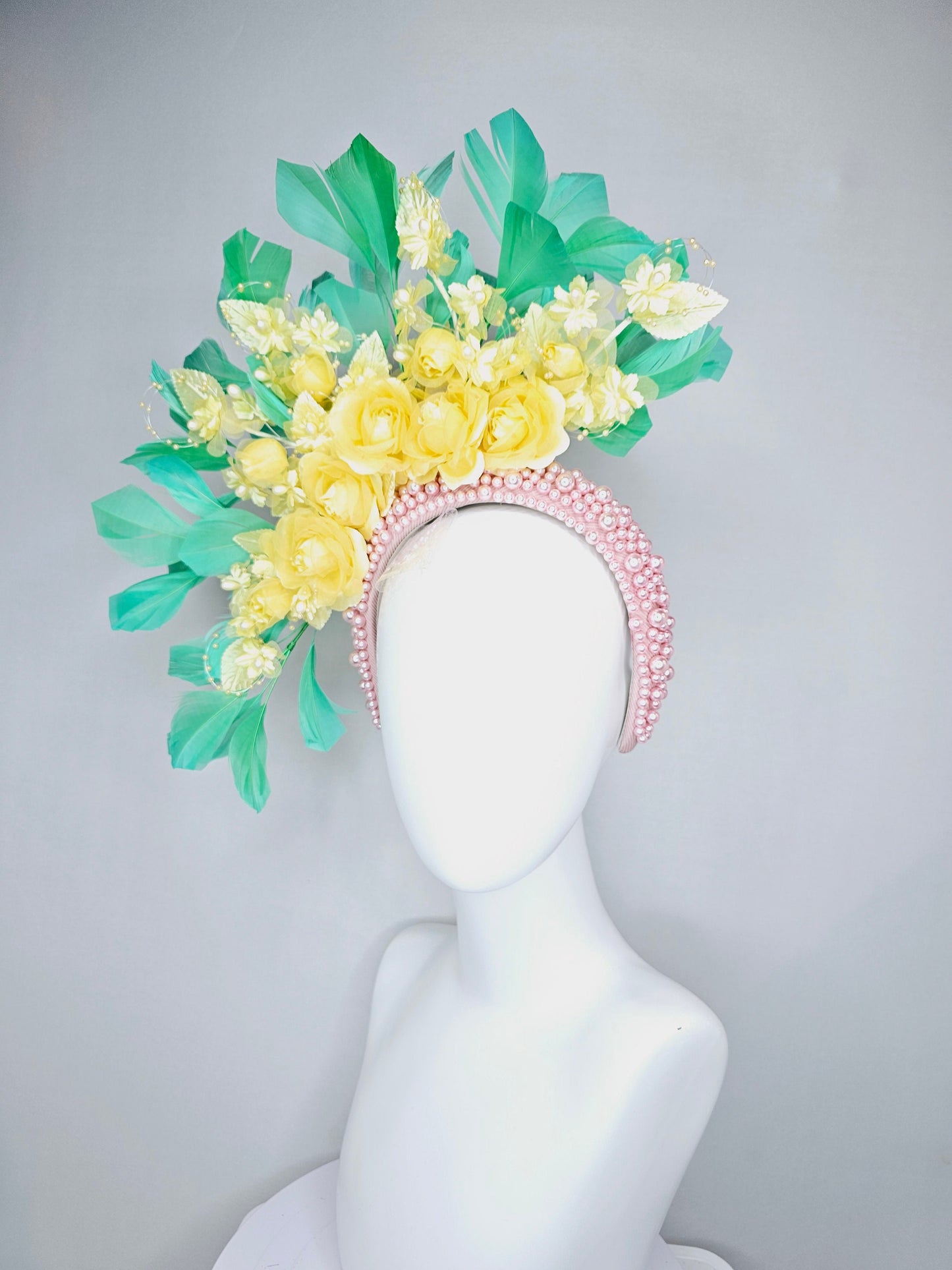 kentucky derby hat fascinator light baby pink pearl beaded headband,yellow organza satin flowers and yellow pearl strings with green feather