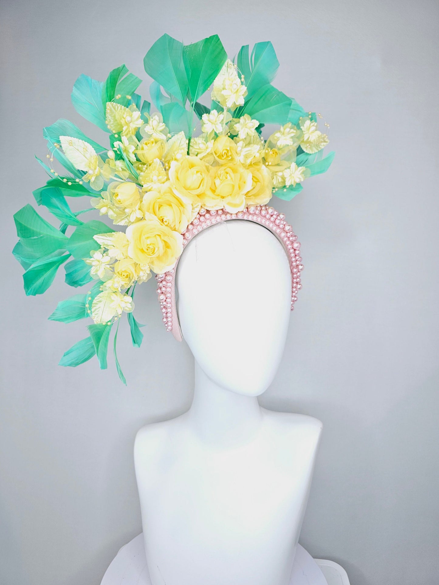 kentucky derby hat fascinator light baby pink pearl beaded headband,yellow organza satin flowers and yellow pearl strings with green feather