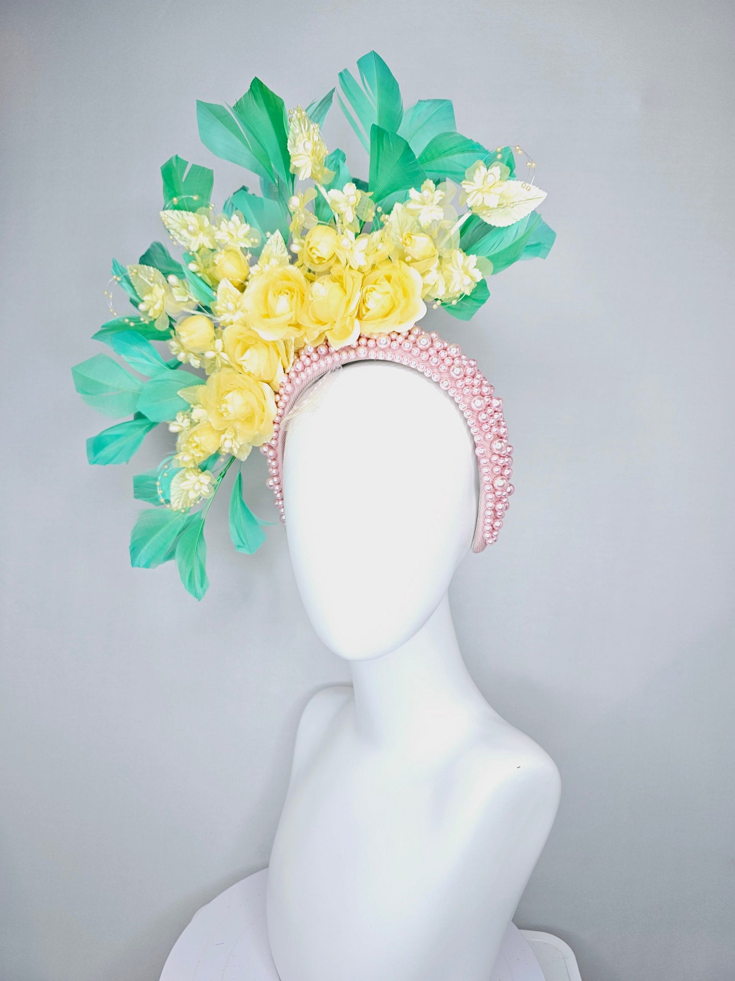 kentucky derby hat fascinator light baby pink pearl beaded headband,yellow organza satin flowers and yellow pearl strings with green feather