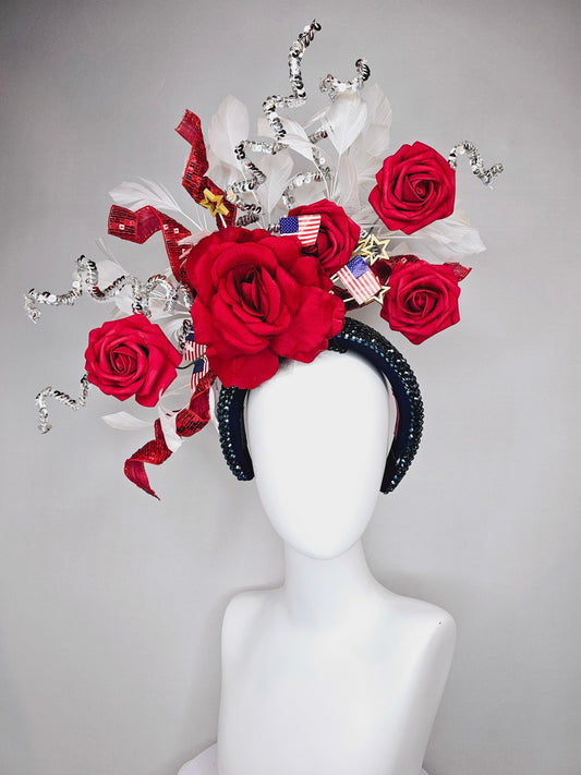 kentucky derby hat fascinator midnight navy blue swarovski crystal headband,red satin roses,usa flags,white feathers,gold stars,silver stems