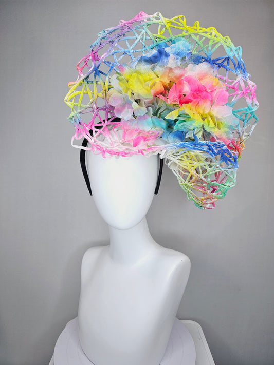 kentucky derby hat fascinator ombre rainbow colorful netting and white hydrangea flowers