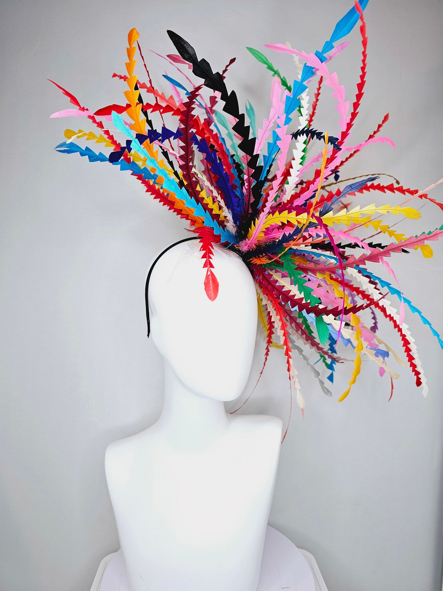 kentucky derby hat fascinator rainbow huge blue red yellow green pink orange black zigzag feather headpiece