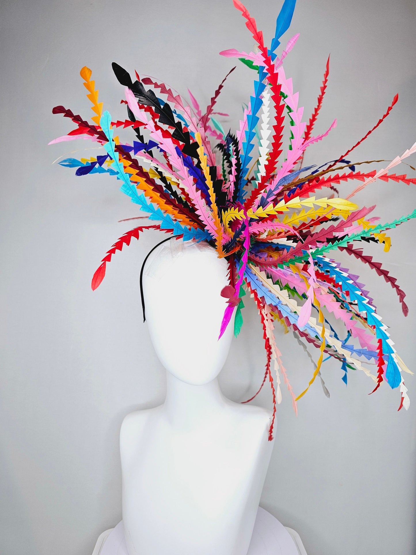 kentucky derby hat fascinator rainbow huge blue red yellow green pink orange black zigzag feather headpiece