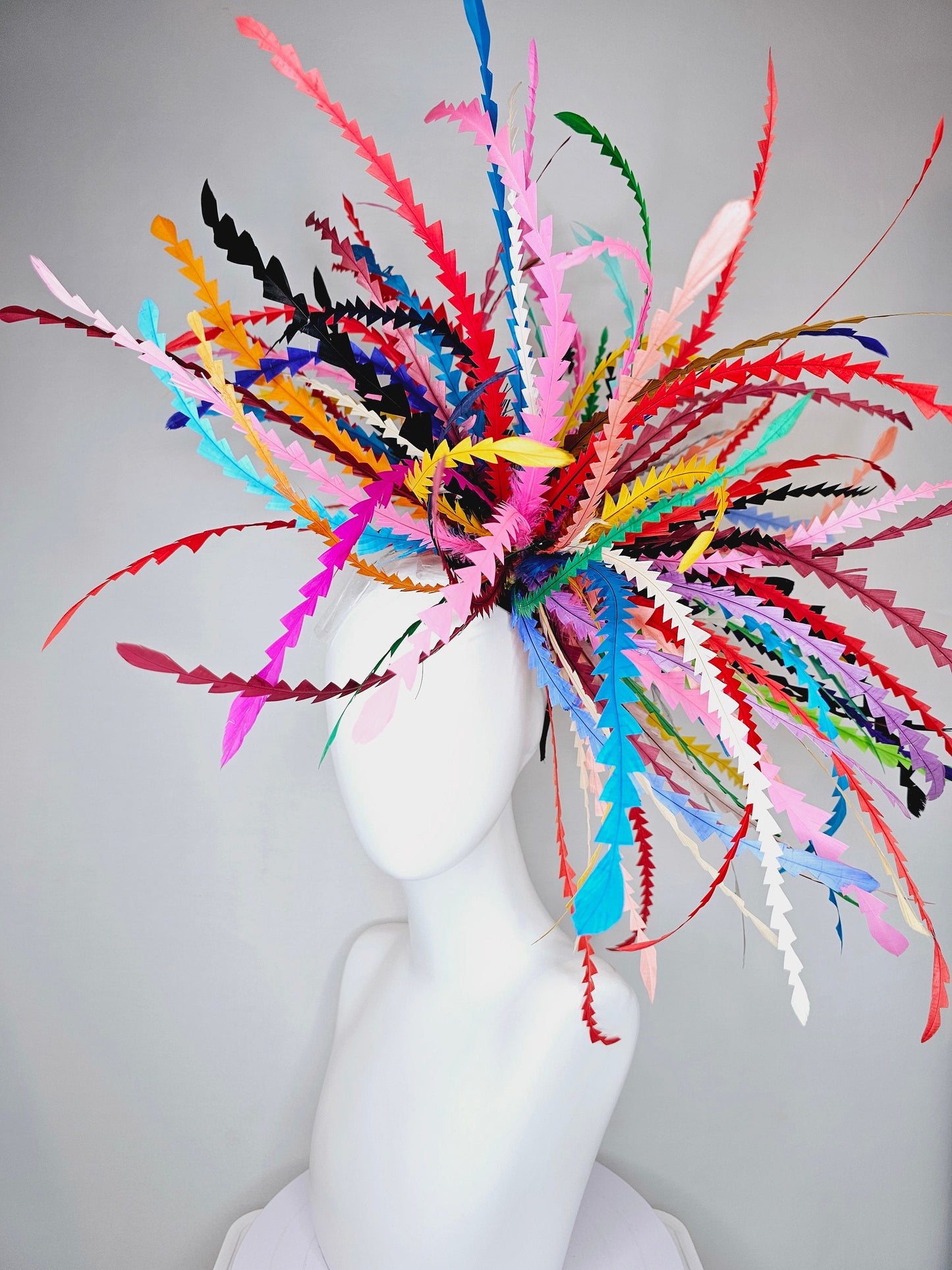 kentucky derby hat fascinator rainbow huge blue red yellow green pink orange black zigzag feather headpiece