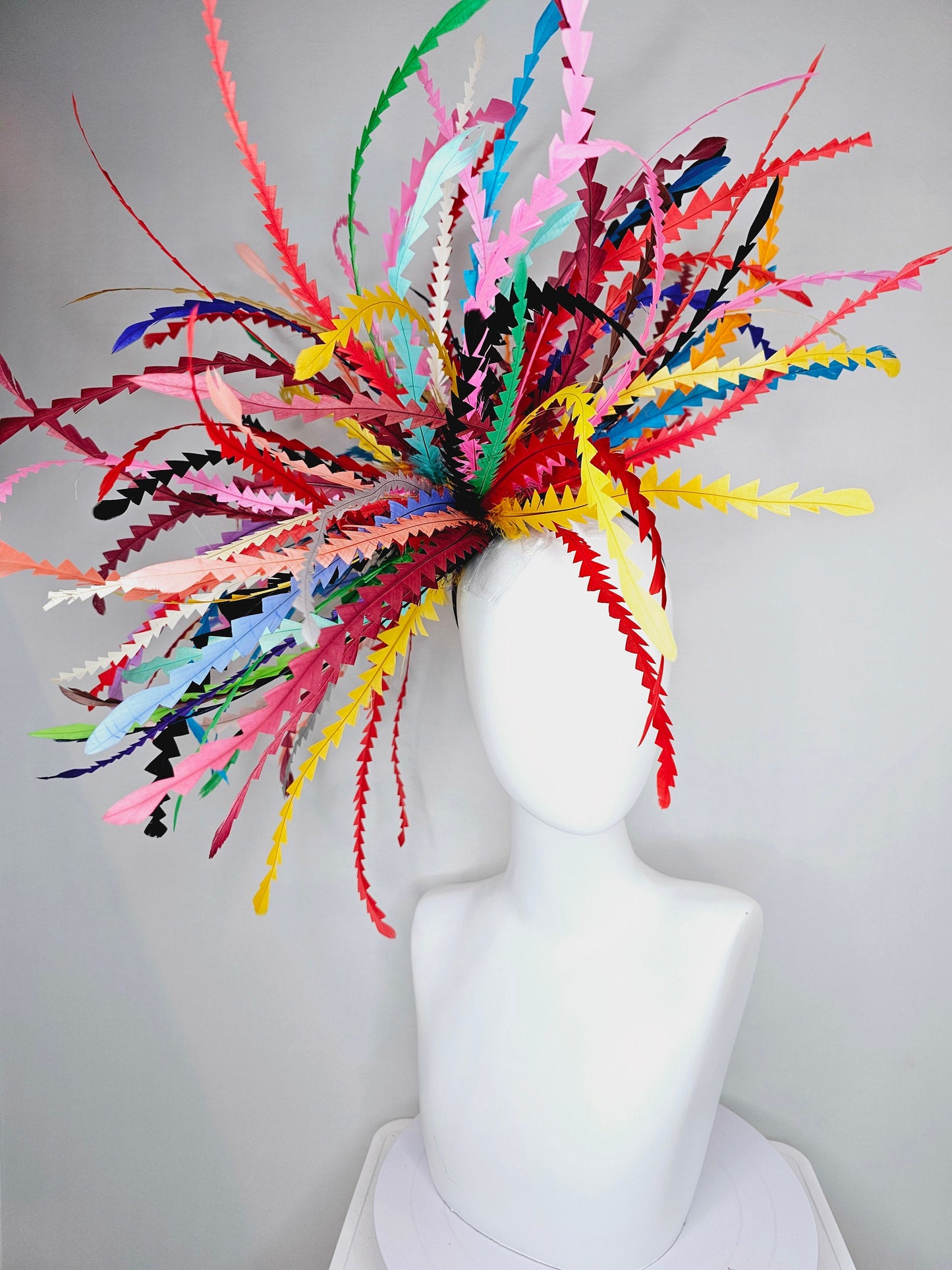 kentucky derby hat fascinator rainbow huge blue red yellow green pink orange black zigzag feather headpiece