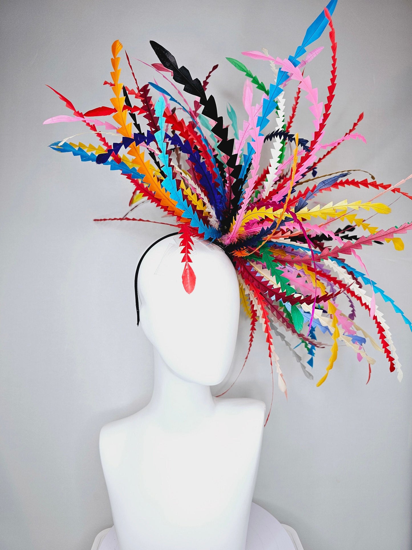 kentucky derby hat fascinator rainbow huge blue red yellow green pink orange black zigzag feather headpiece