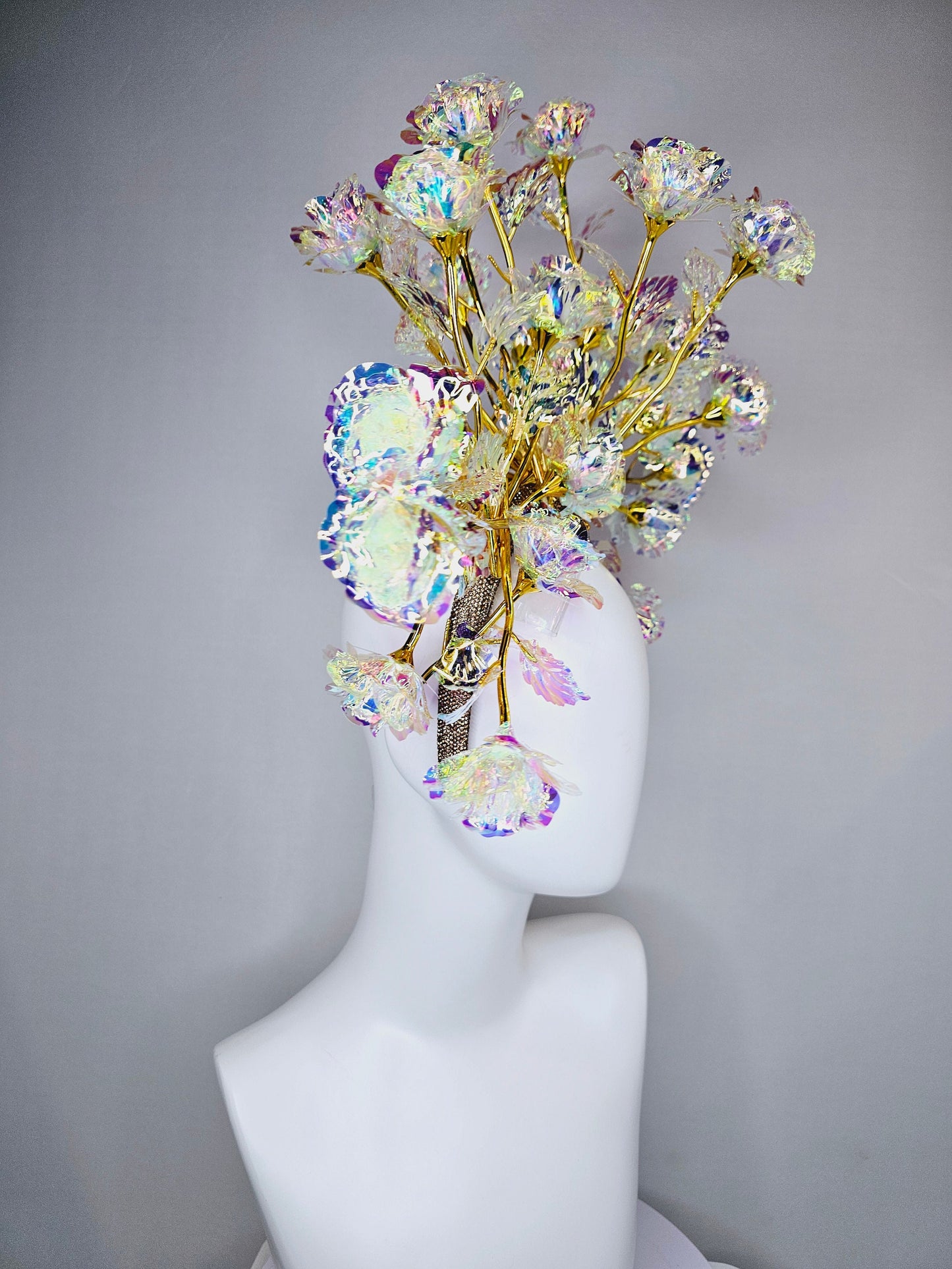 kentucky derby hat fascinator gold branching irridescent metallic gold and clear plastic roses on a gold crystal headband