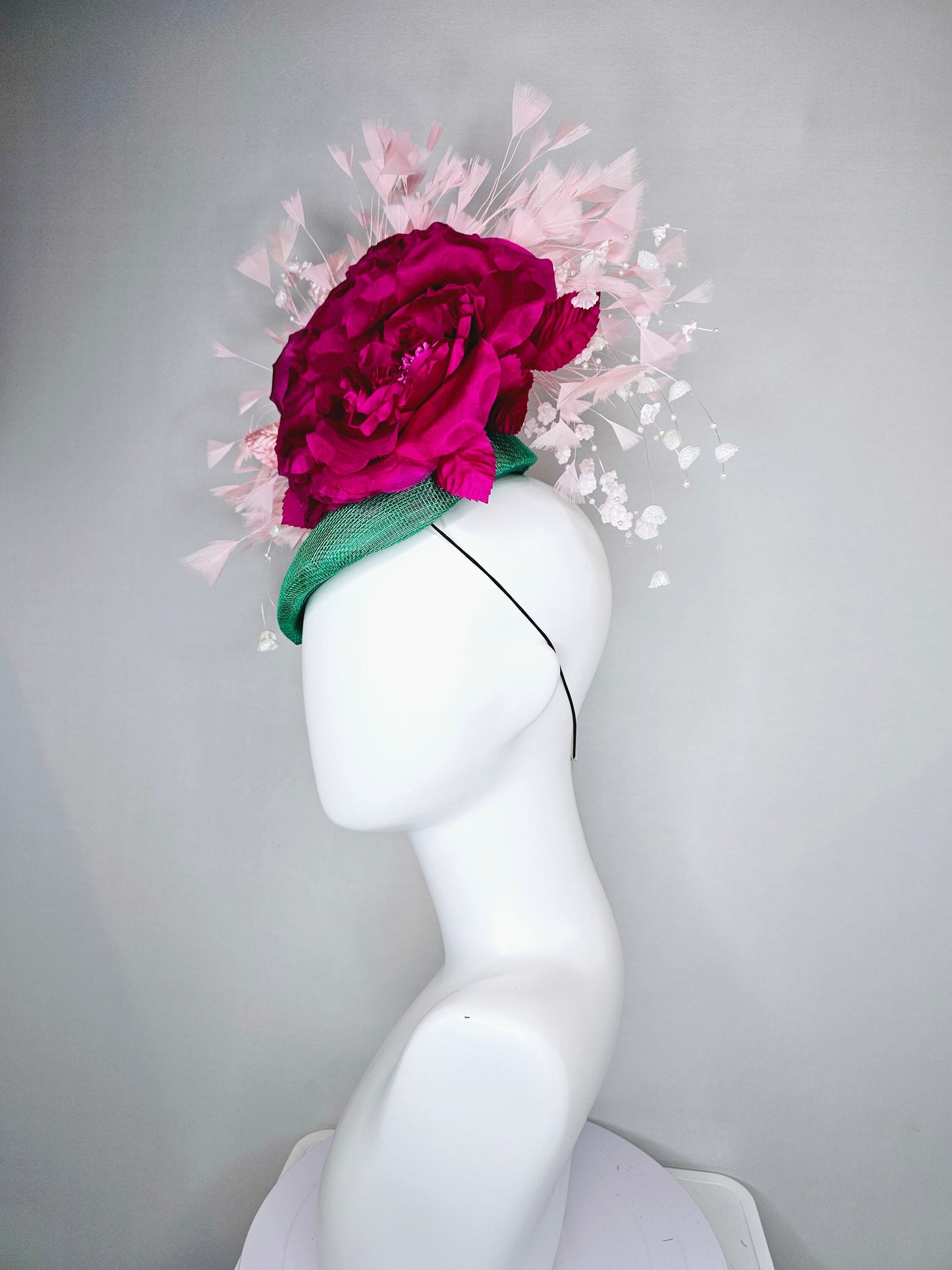 kentucky derby hat fascinator bright green sinamay blush feathers with white branching beaded flowers fuchsia pink huge flower