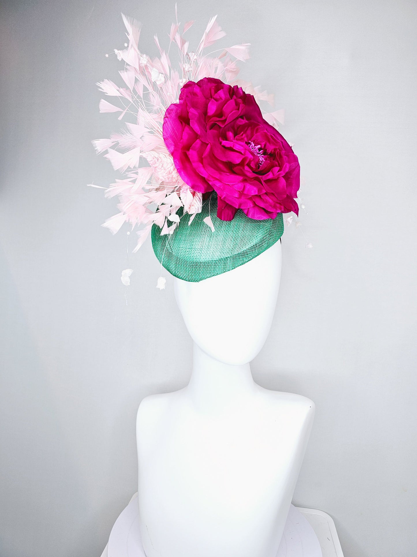 kentucky derby hat fascinator bright green sinamay blush feathers with white branching beaded flowers fuchsia pink huge flower