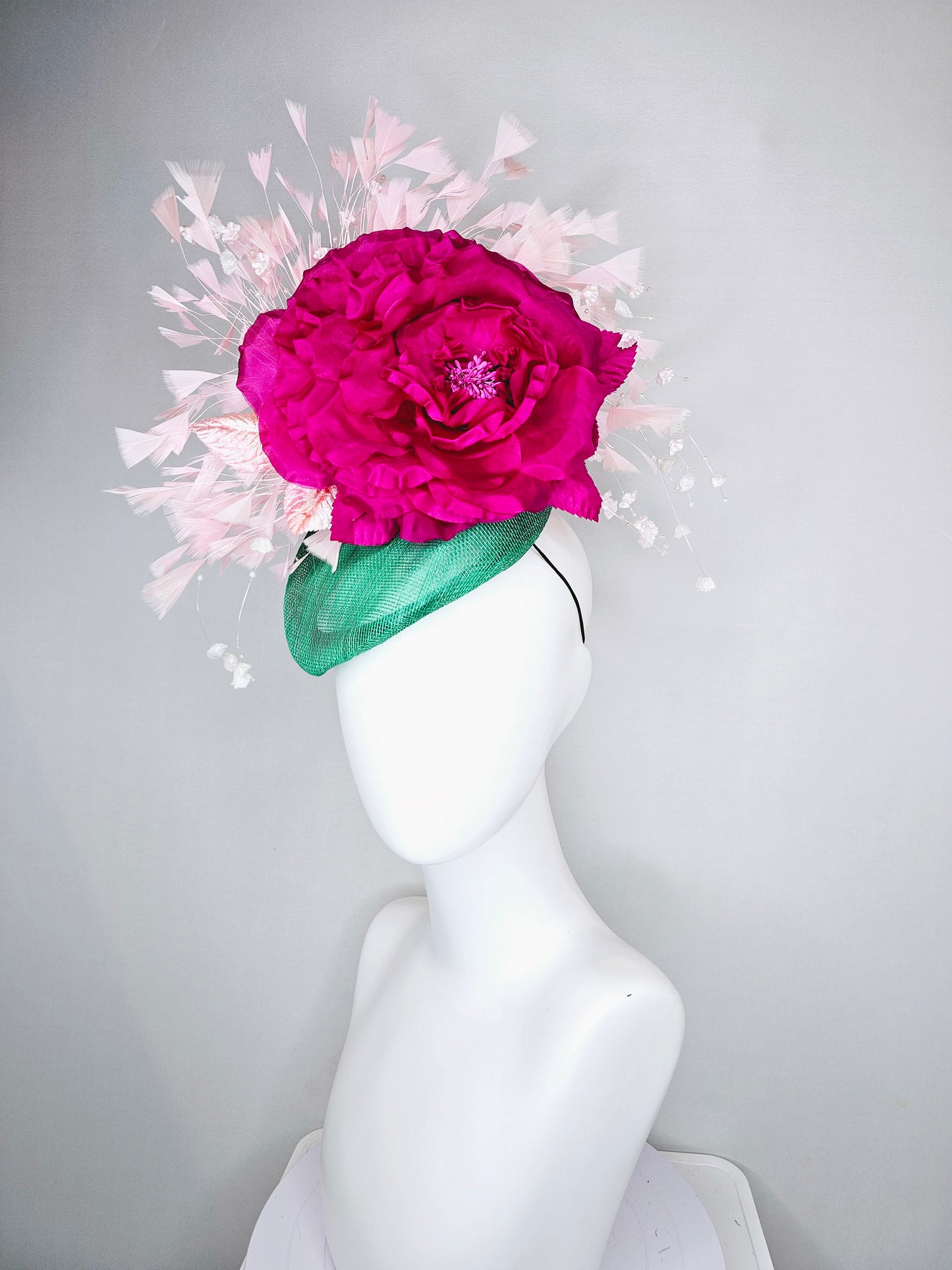 kentucky derby hat fascinator bright green sinamay blush feathers with white branching beaded flowers fuchsia pink huge flower