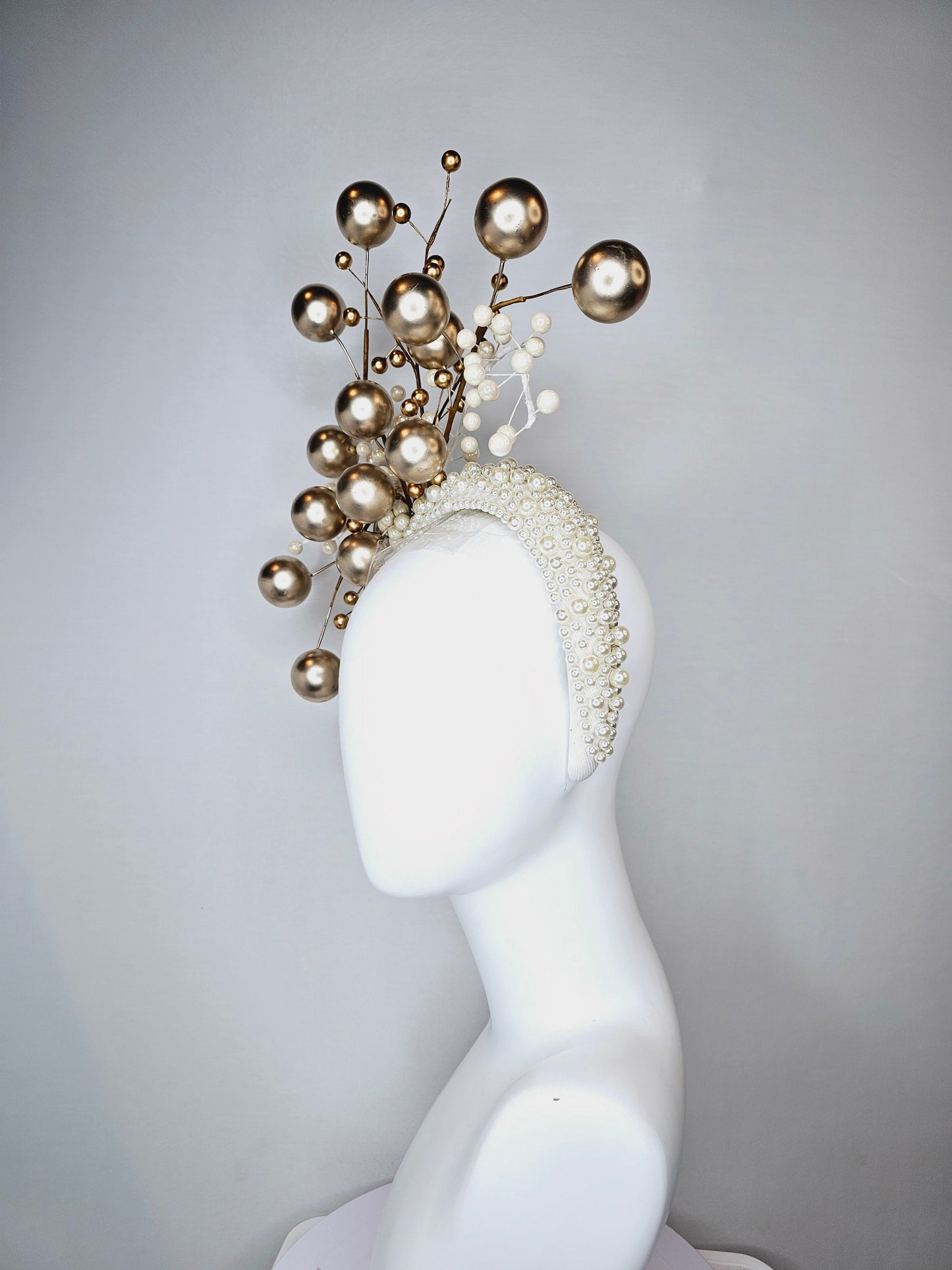 kentucky derby hat pearl padded headband in cream with large small and branching pearls in ivory and taupe metallic bronze