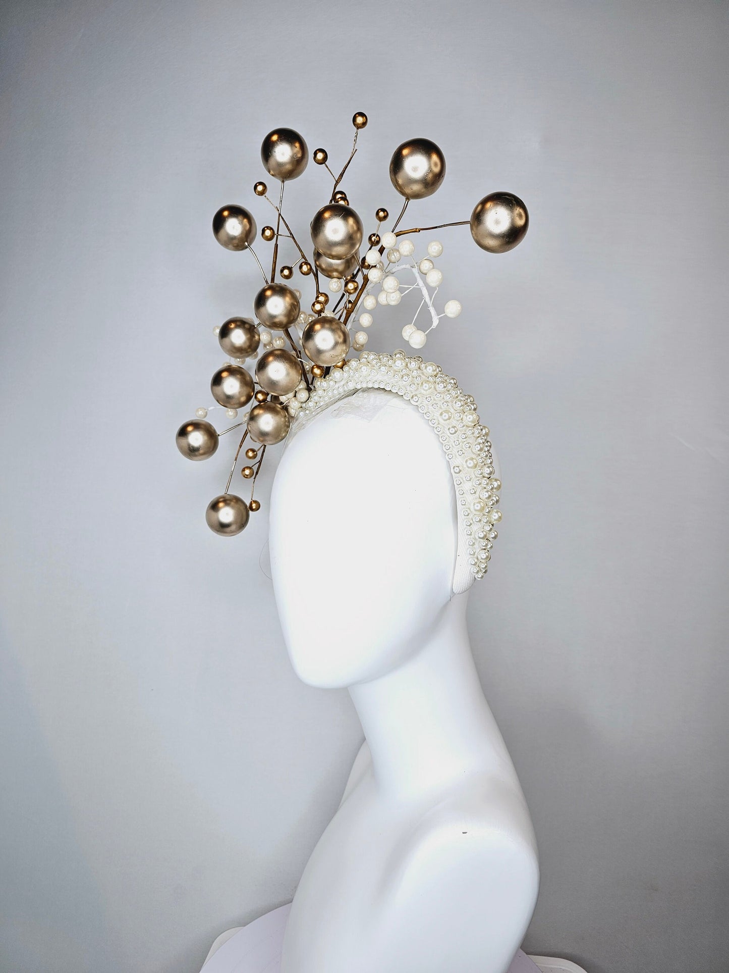 kentucky derby hat pearl padded headband in cream with large small and branching pearls in ivory and taupe metallic bronze