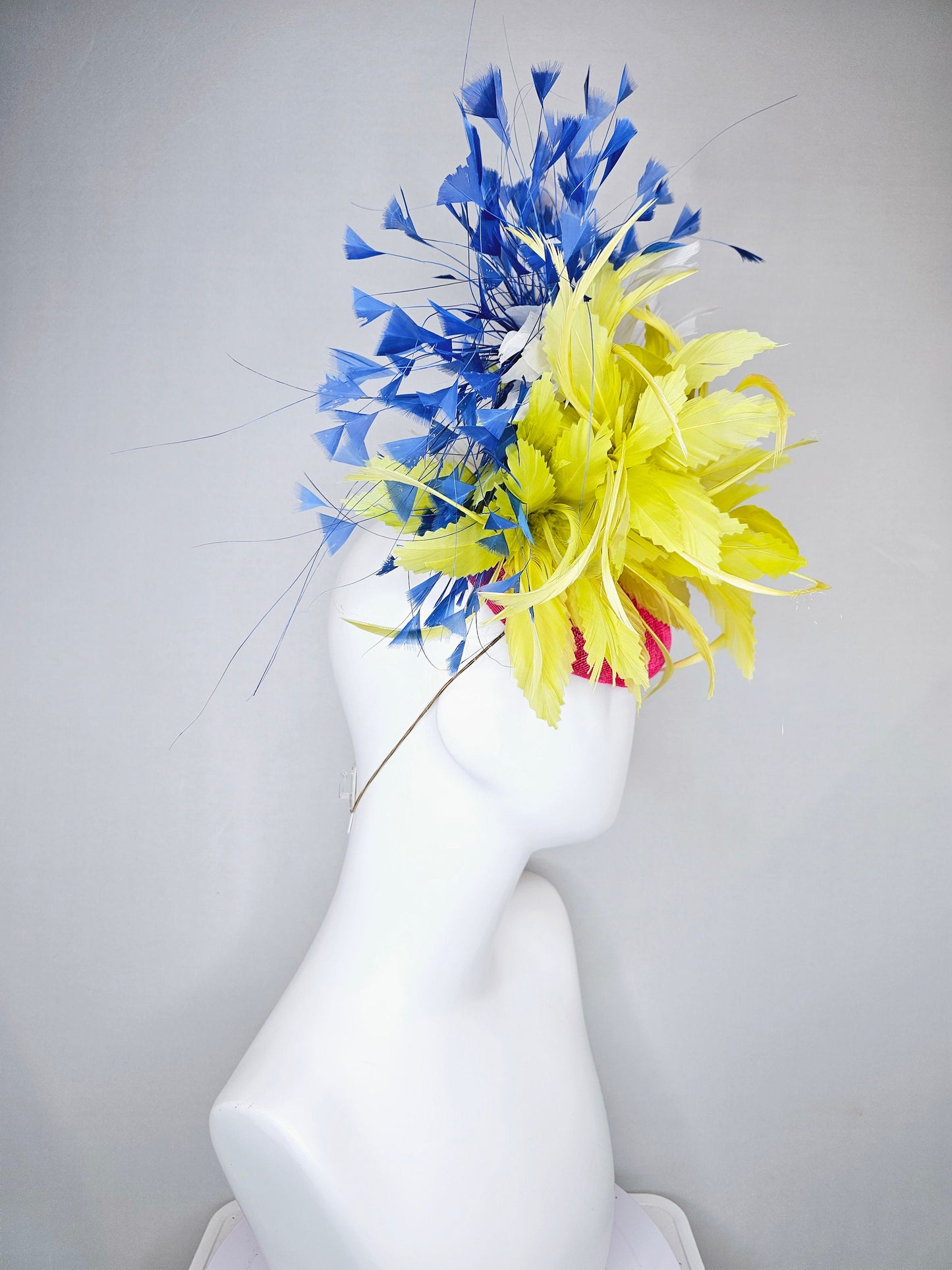 kentucky derby hat fascinator pink sinamay with chartreuse yellow feathers and blue and white feathers