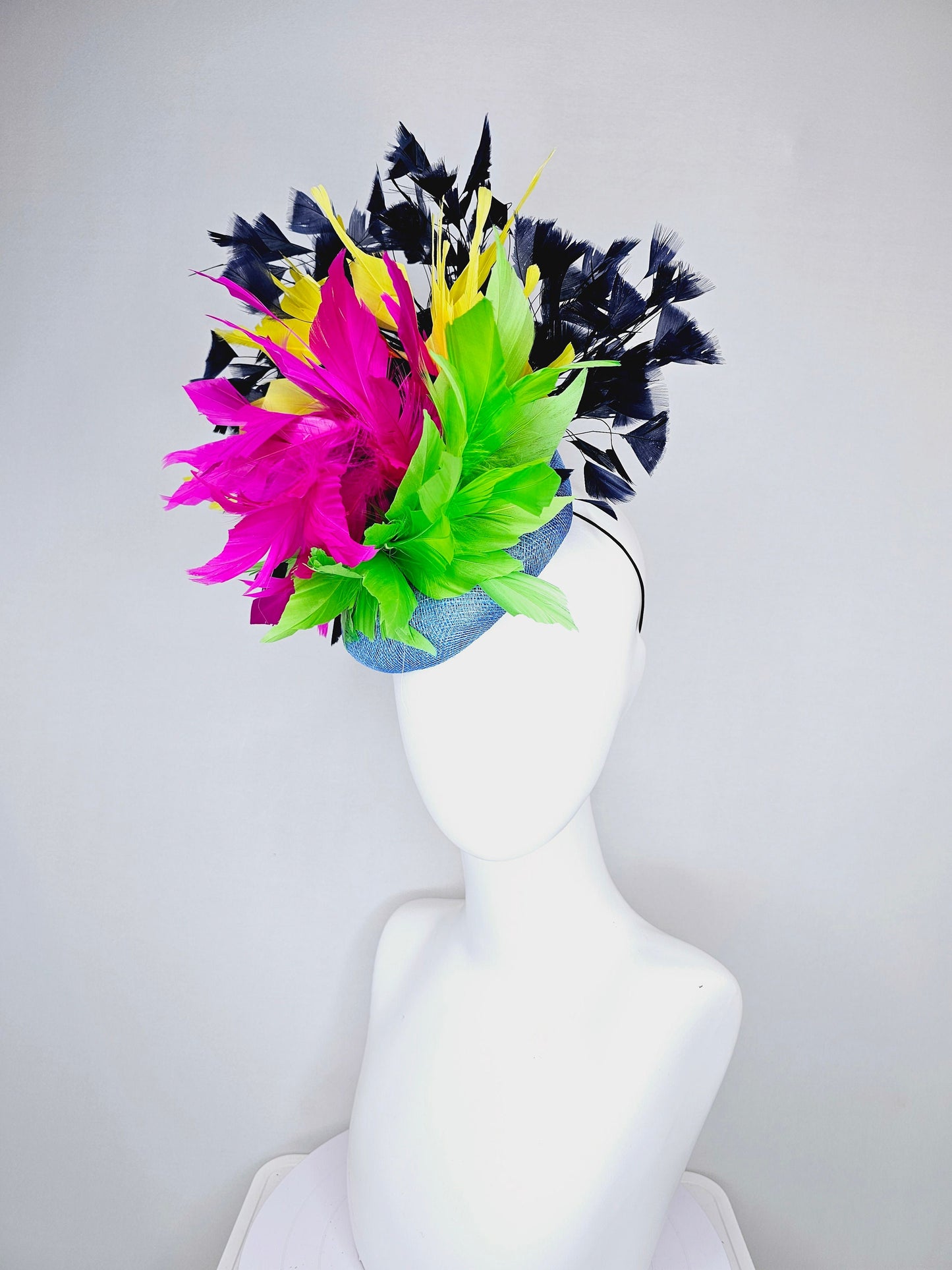 kentucky derby hat fascinator light blue sinamay with rainbow feathers navy blue hot pink yellow and green