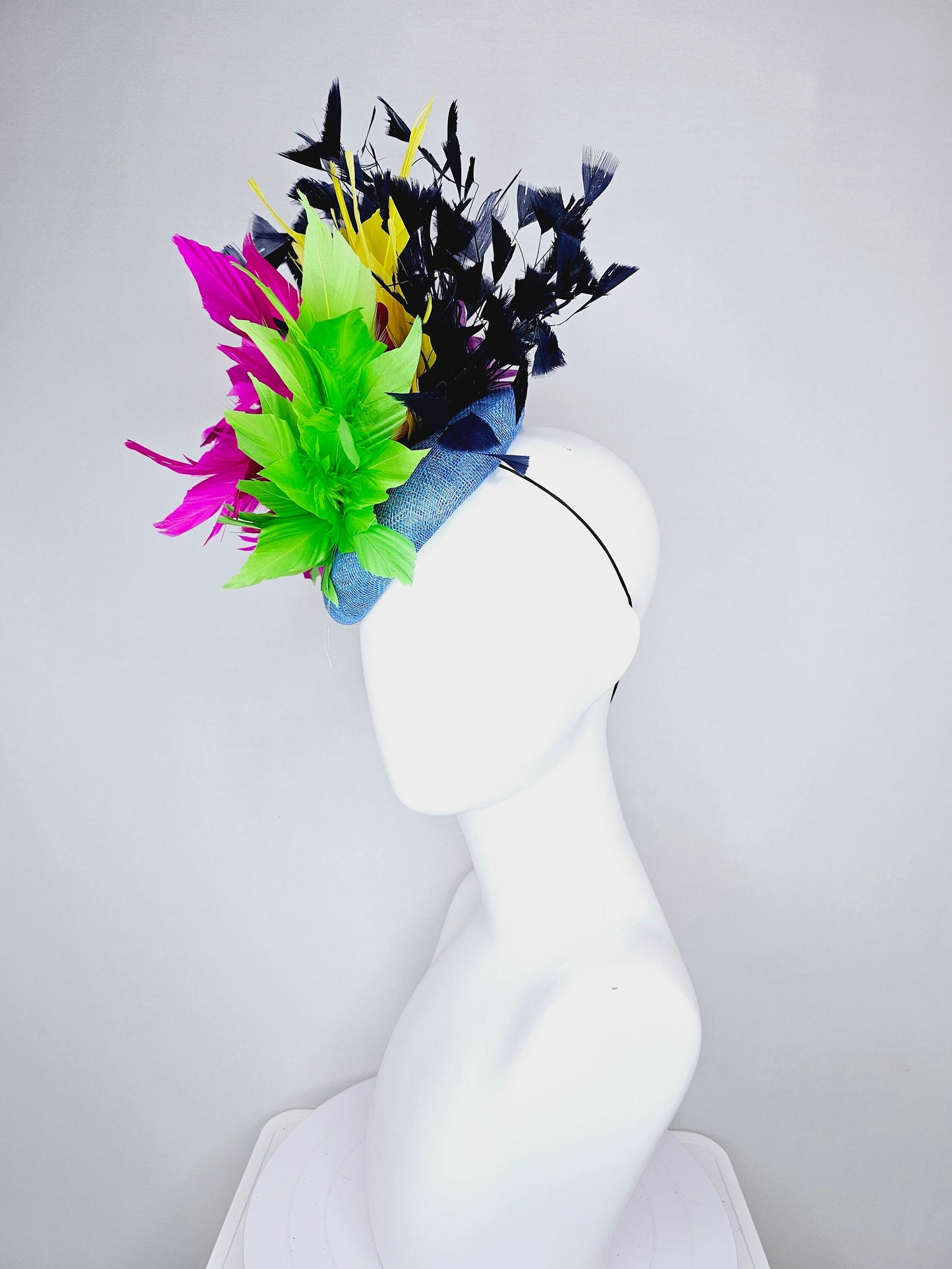 kentucky derby hat fascinator light blue sinamay with rainbow feathers navy blue hot pink yellow and green