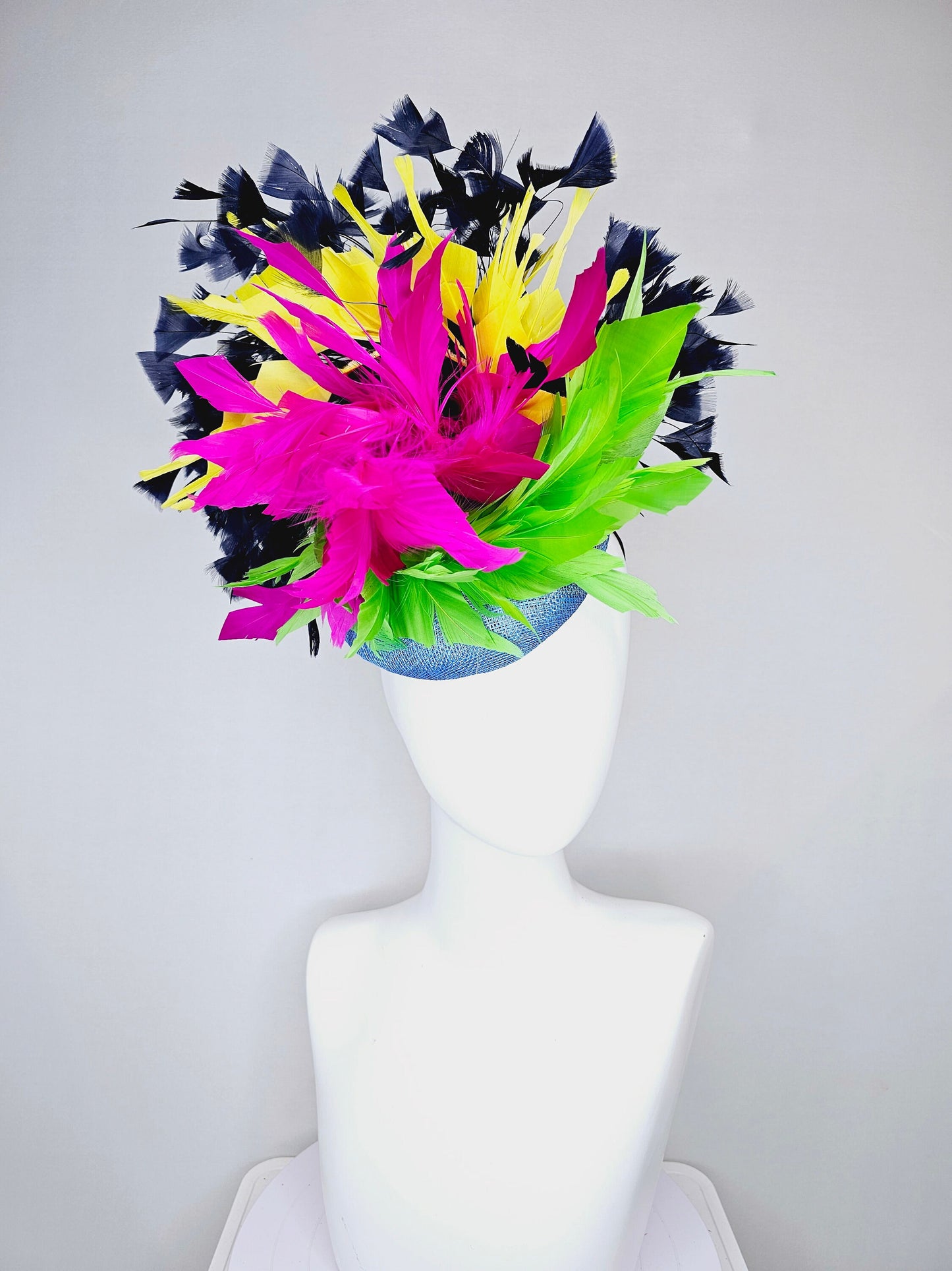 kentucky derby hat fascinator light blue sinamay with rainbow feathers navy blue hot pink yellow and green