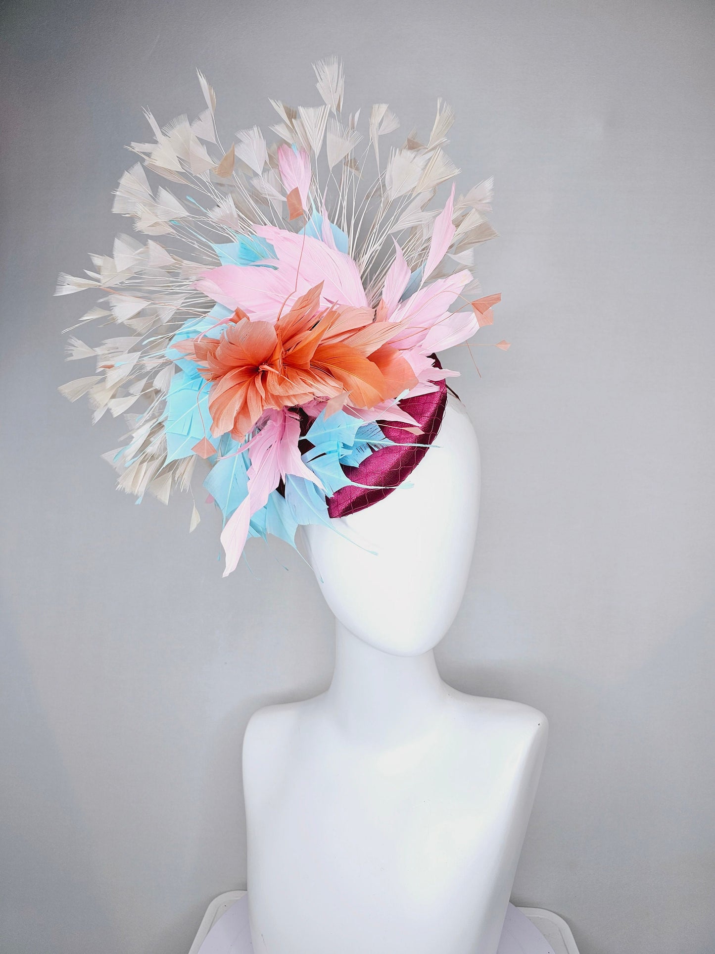 kentucky derby hat fascinator purple sinamay with rainbow feathers taupe ivory blue coral pink