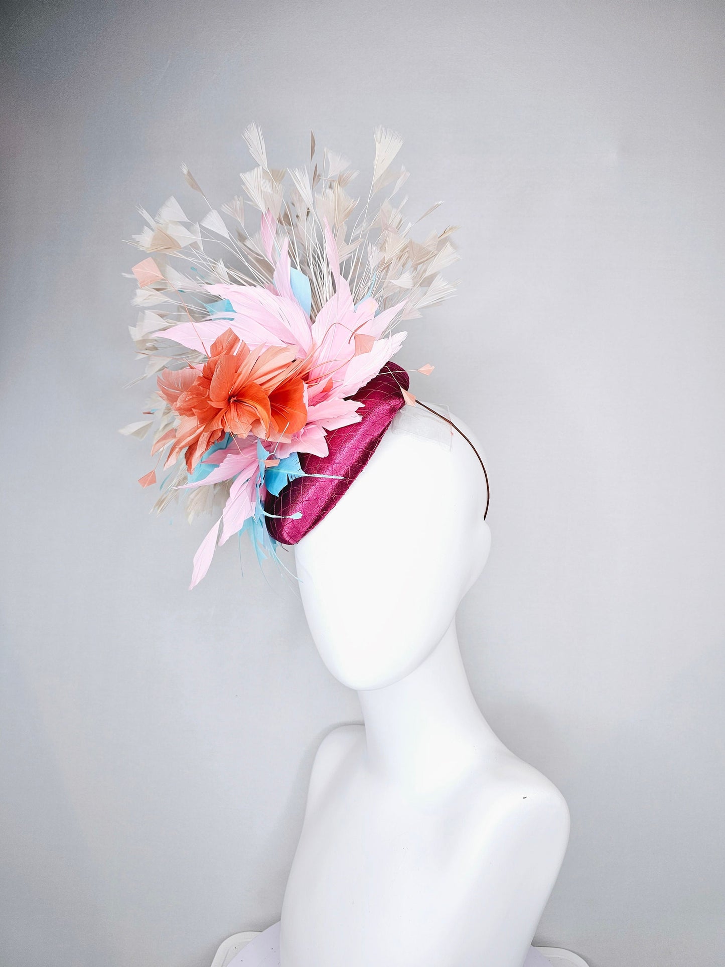 kentucky derby hat fascinator purple sinamay with rainbow feathers taupe ivory blue coral pink