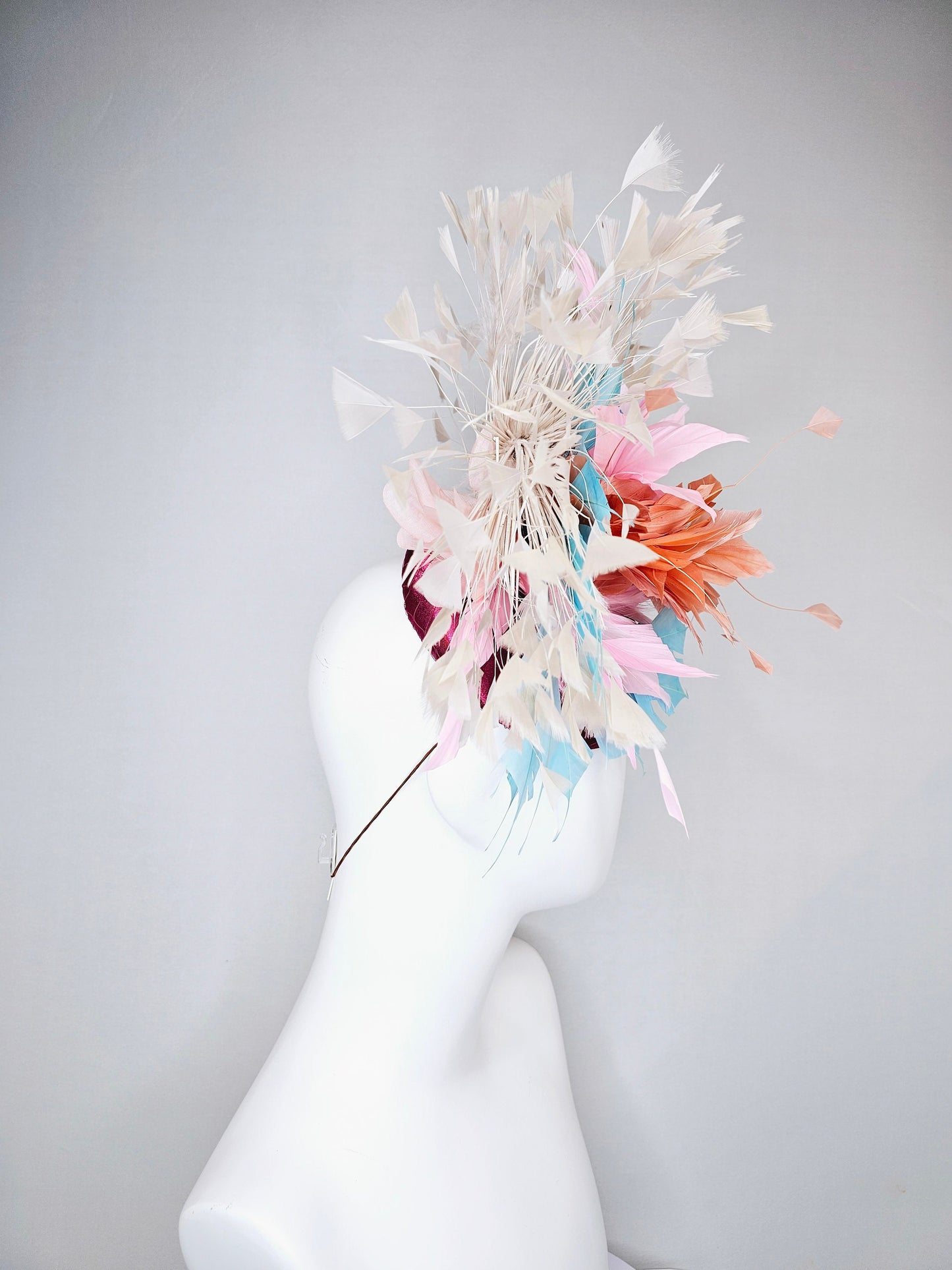 kentucky derby hat fascinator purple sinamay with rainbow feathers taupe ivory blue coral pink