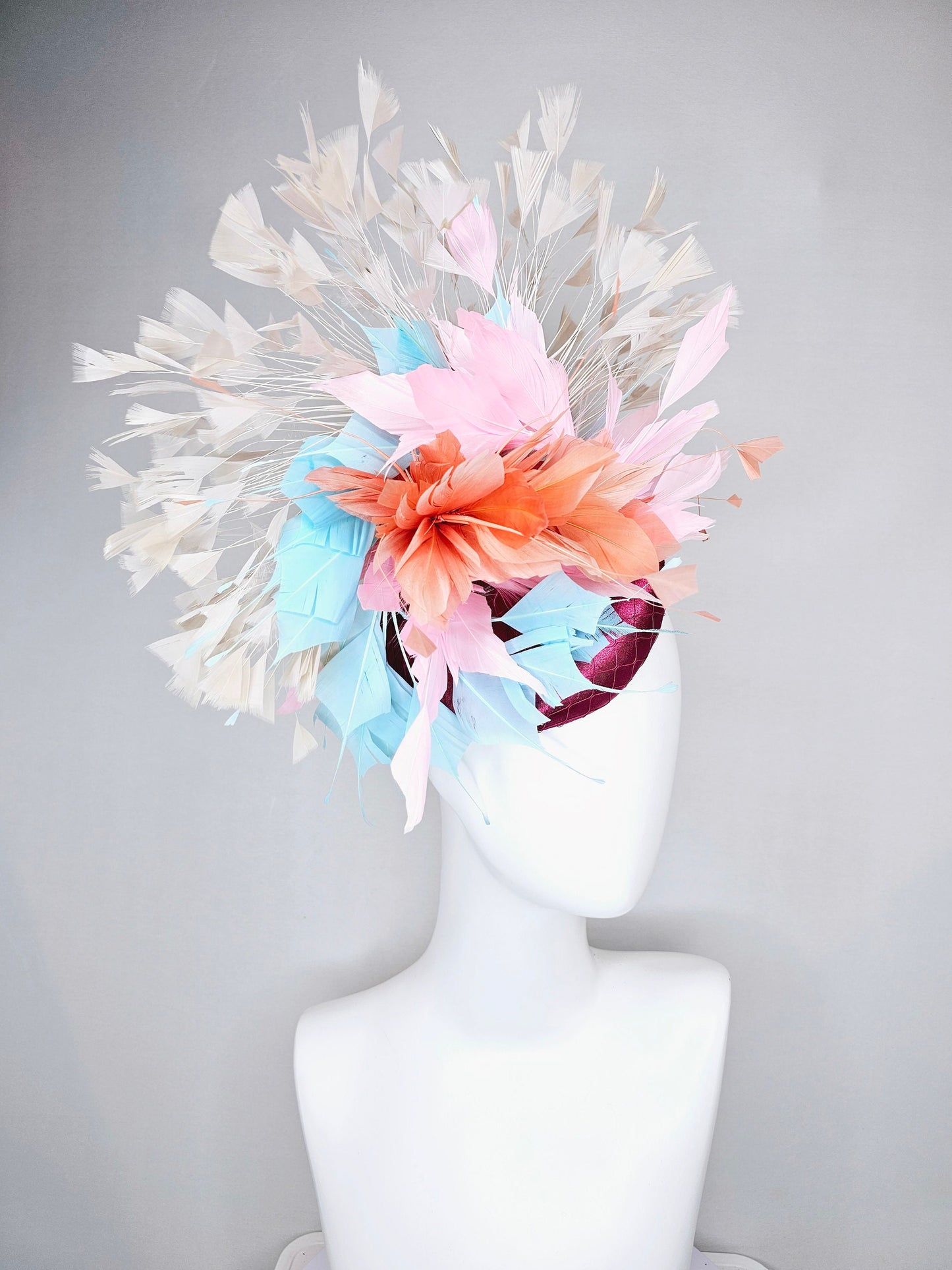 kentucky derby hat fascinator purple sinamay with rainbow feathers taupe ivory blue coral pink