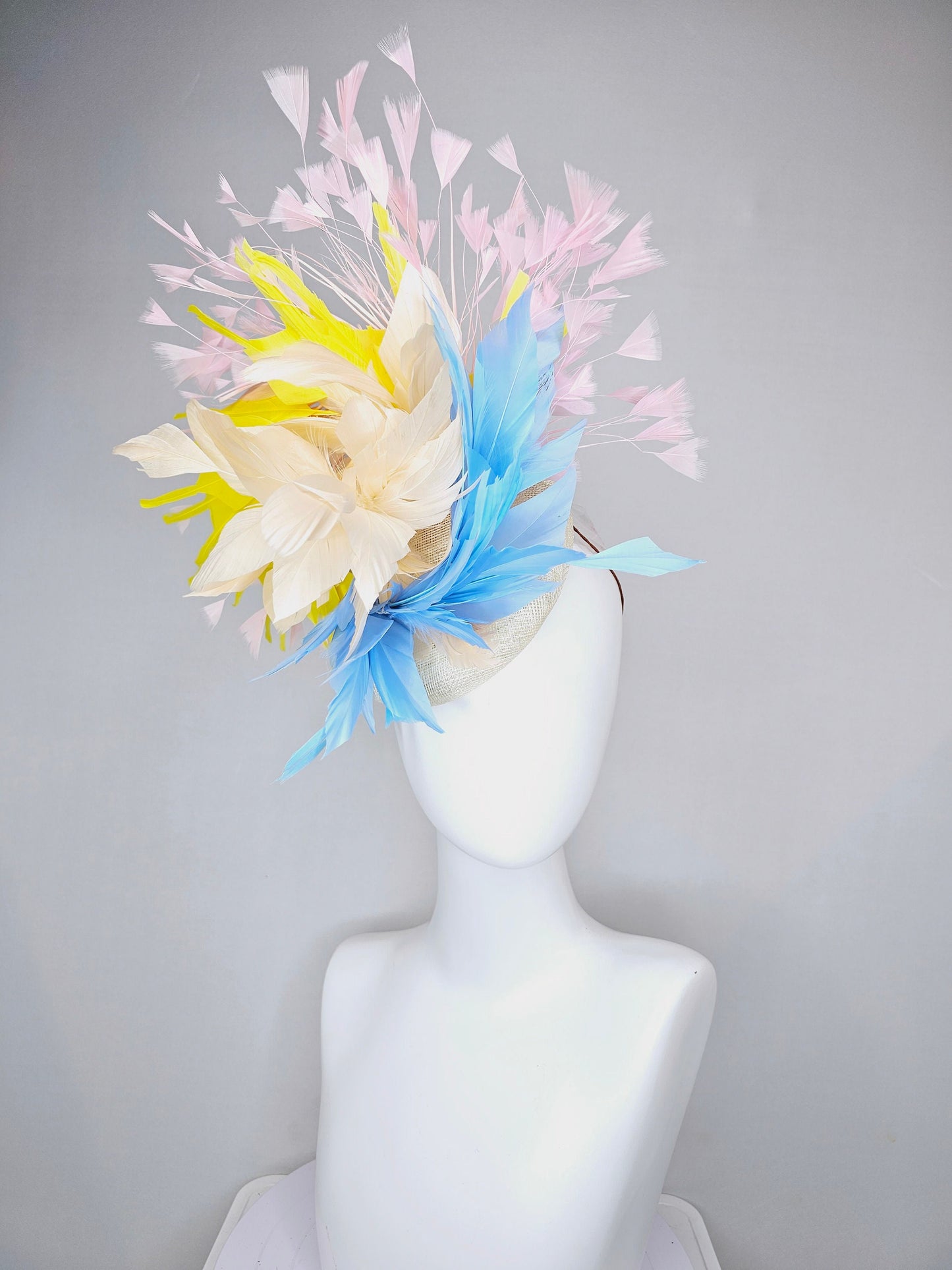 kentucky derby hat fascinator neutral sinamay with rainbow feathers pastel blue  pink yellow peach white