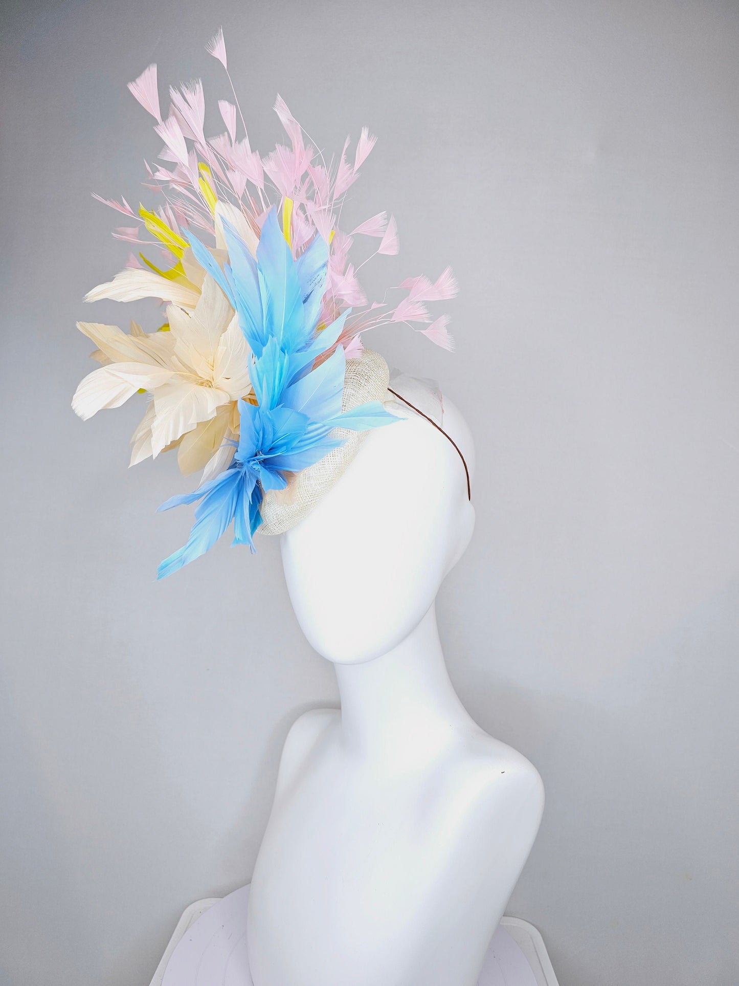 kentucky derby hat fascinator neutral sinamay with rainbow feathers pastel blue  pink yellow peach white