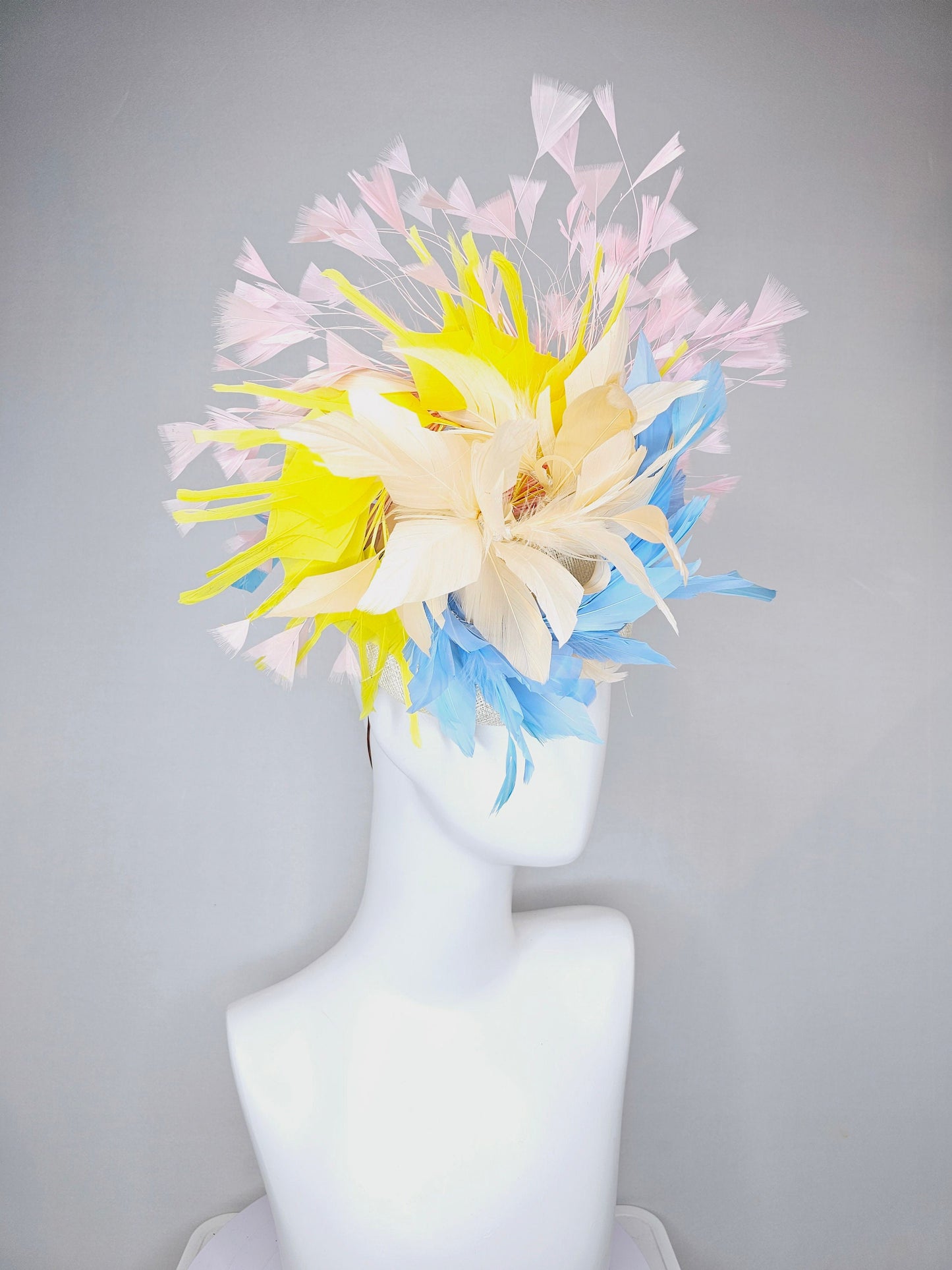 kentucky derby hat fascinator neutral sinamay with rainbow feathers pastel blue  pink yellow peach white