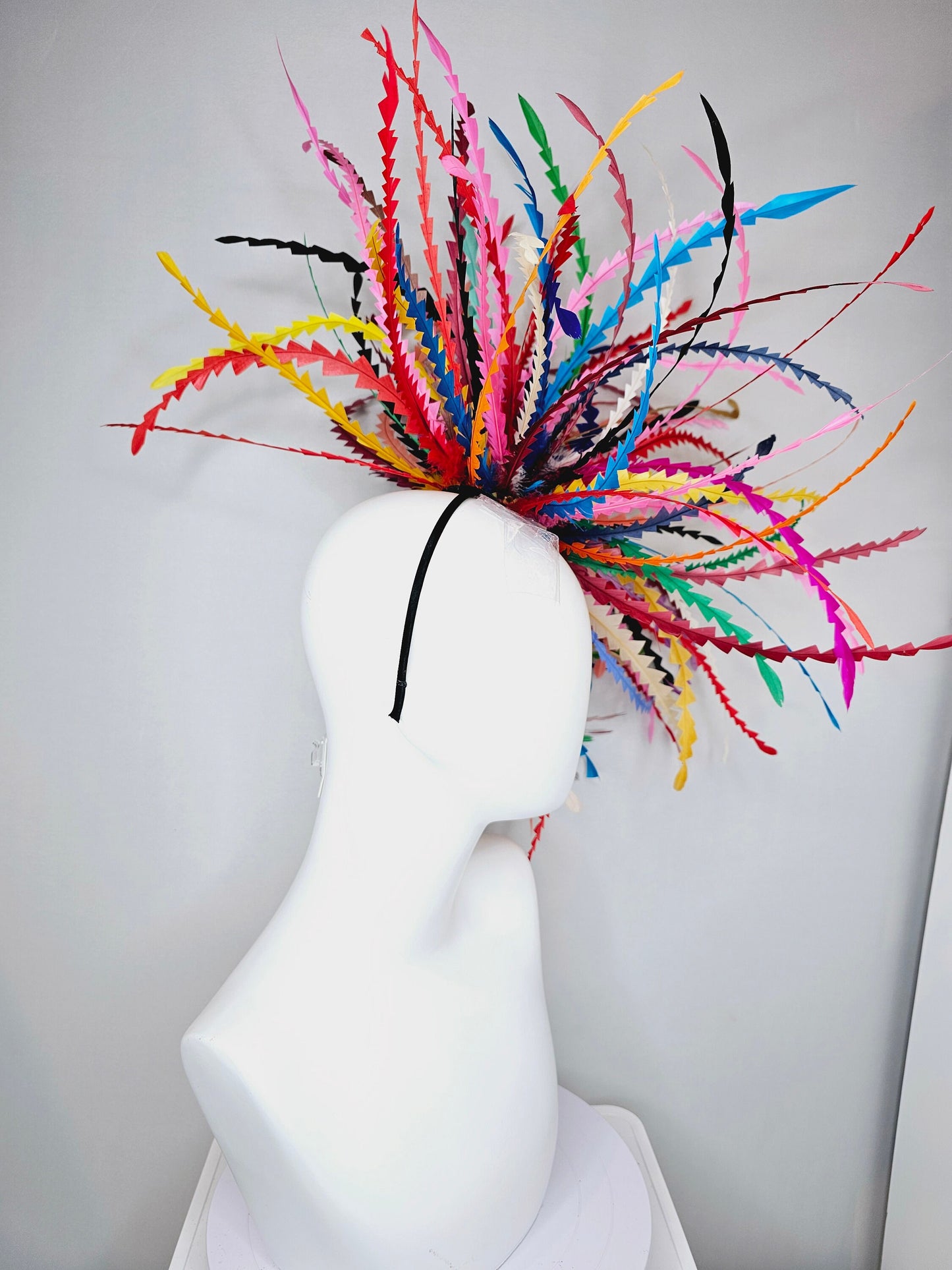 kentucky derby hat fascinator rainbow huge blue red yellow green pink orange black zigzag feather headpiece