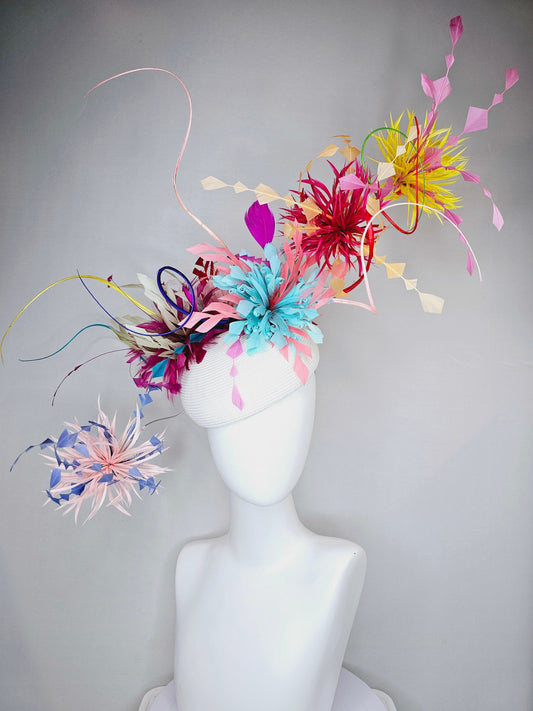 kentucky derby hat fascinator rainbow huge blue red yellow green pink orange avant garde feather headpiece on white base