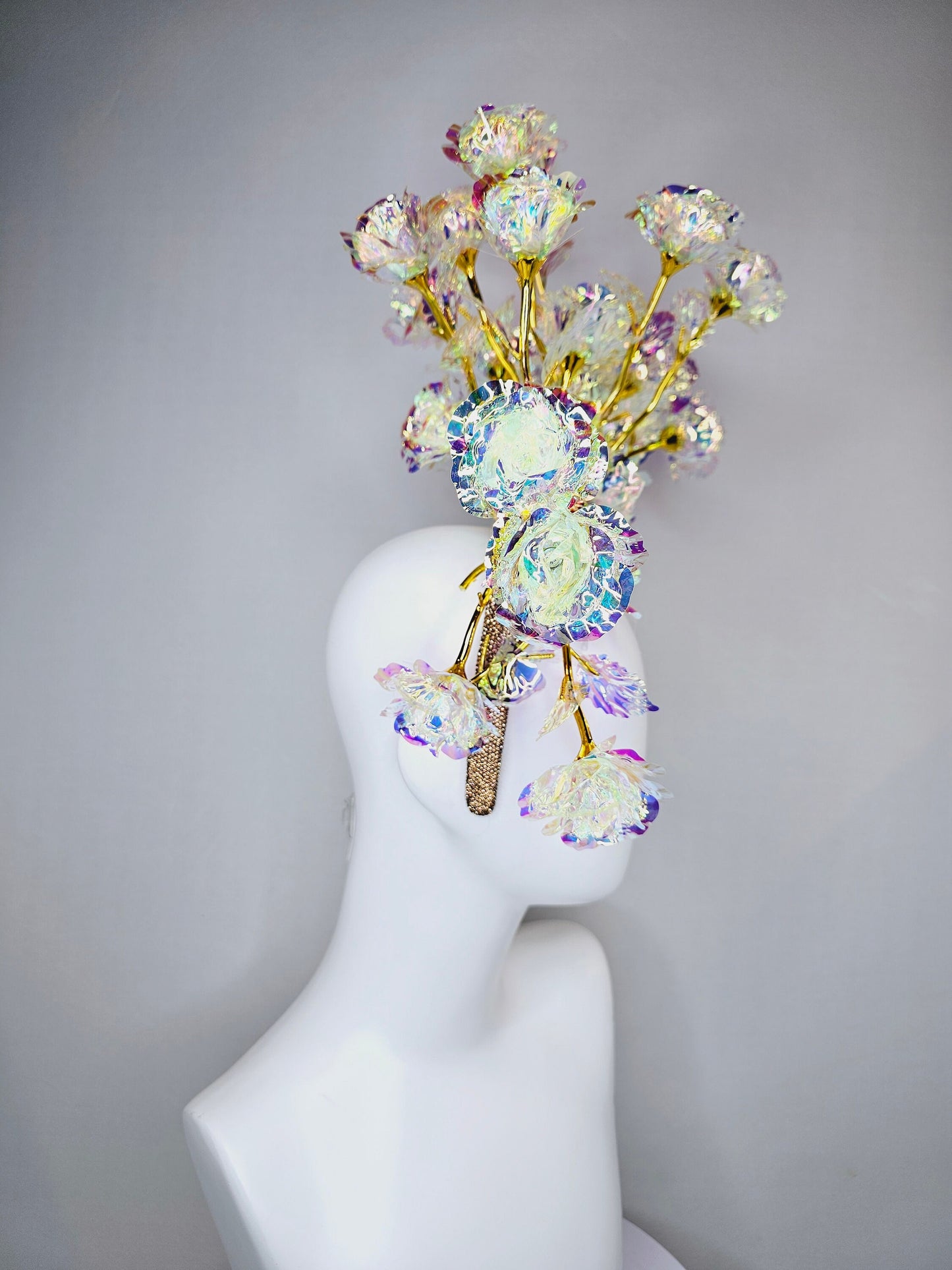 kentucky derby hat fascinator gold branching irridescent metallic gold and clear plastic roses on a gold crystal headband