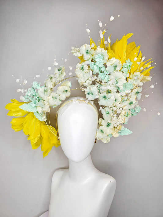 kentucky derby hat fascinator vintage branching mint green and gold flowers on tiered silver metallic headband with bright yellow feathers