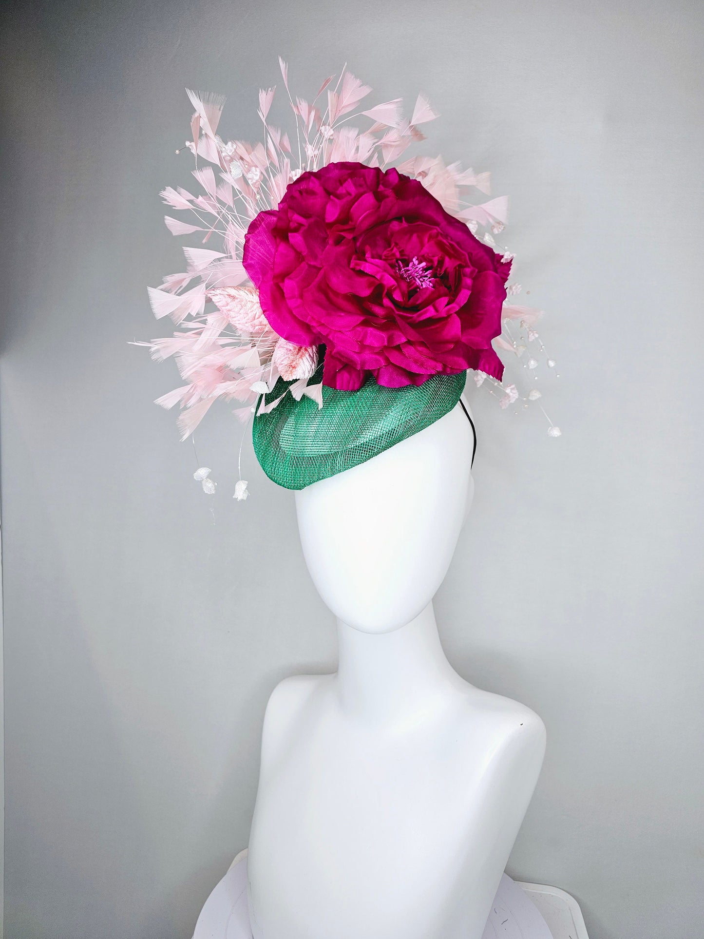 kentucky derby hat fascinator bright green sinamay blush feathers with white branching beaded flowers fuchsia pink huge flower