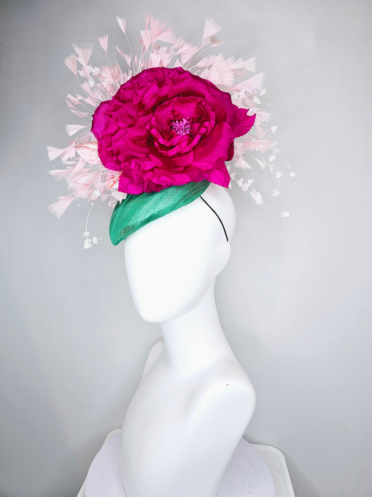 kentucky derby hat fascinator bright green sinamay blush feathers with white branching beaded flowers fuchsia pink huge flower