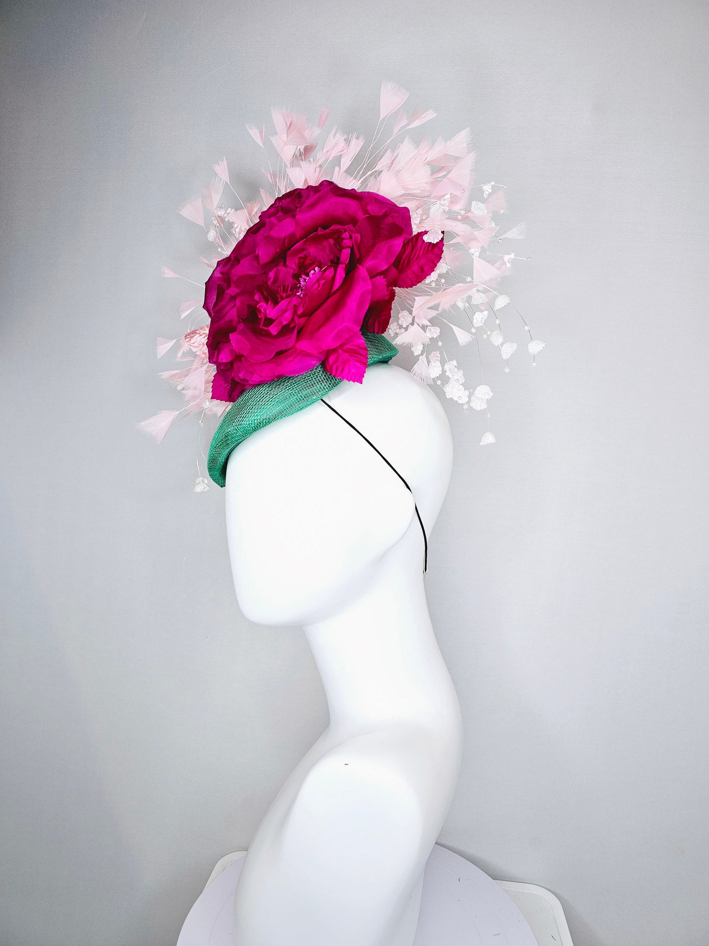 kentucky derby hat fascinator bright green sinamay blush feathers with white branching beaded flowers fuchsia pink huge flower