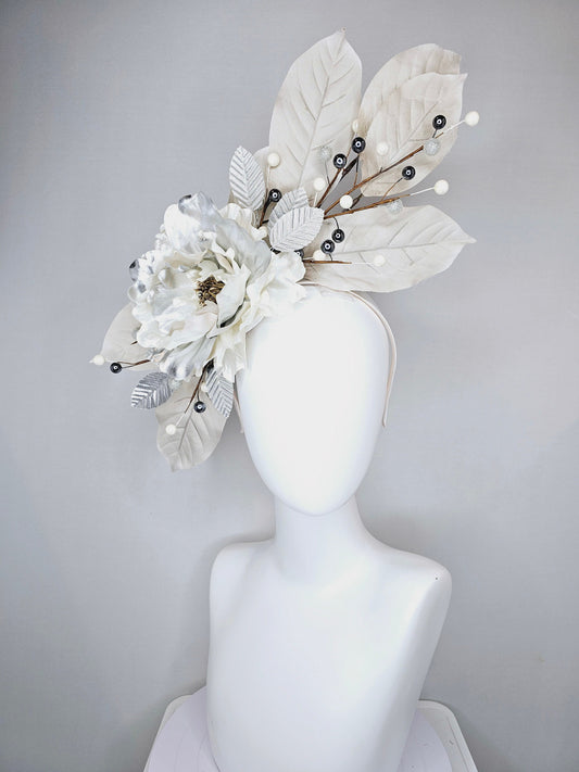 kentucky derby hat fascinator cream silver ivory leaves with metallic silver light peony flower white gray pearls and silver leaves