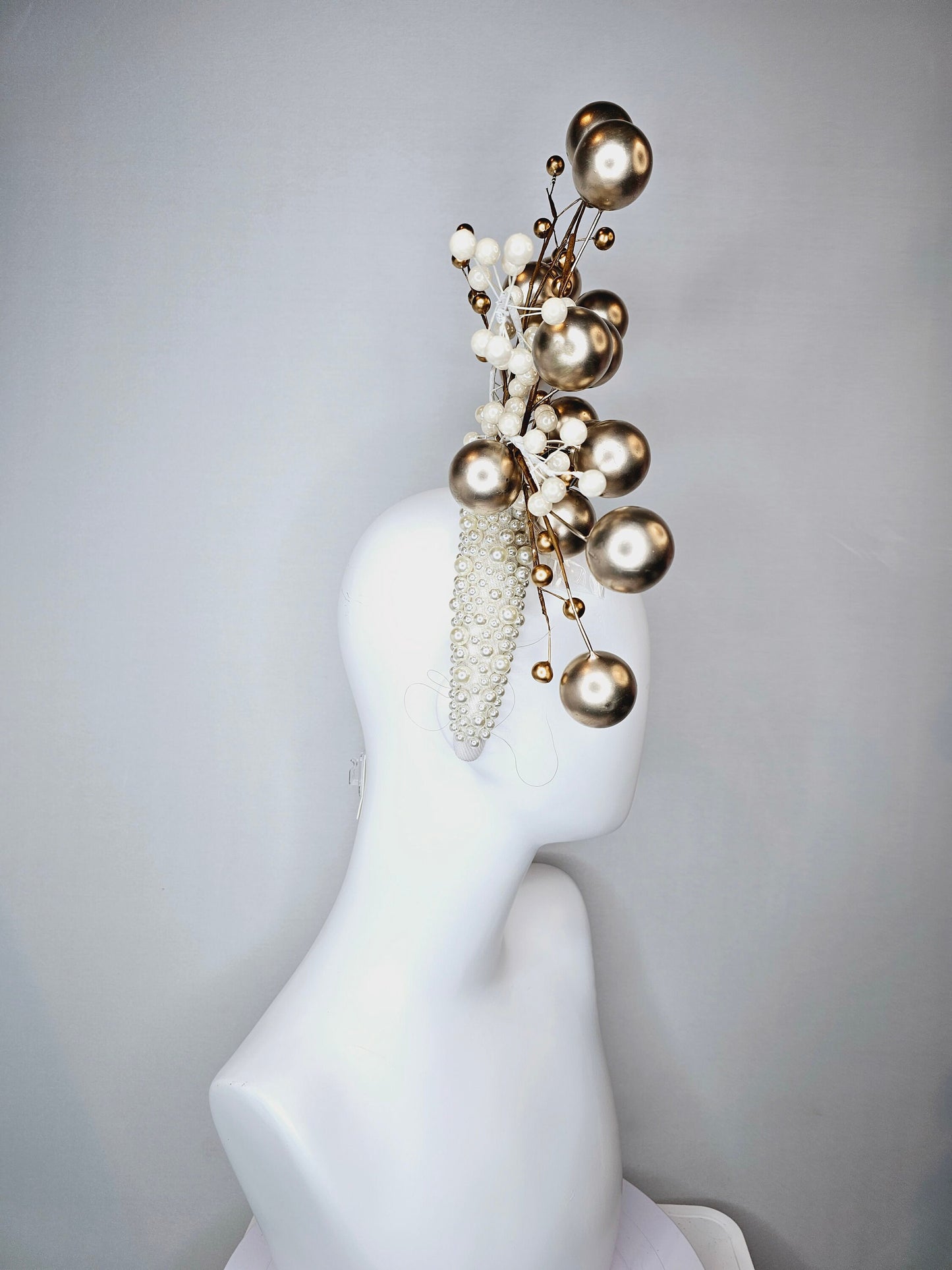 kentucky derby hat pearl padded headband in cream with large small and branching pearls in ivory and taupe metallic bronze