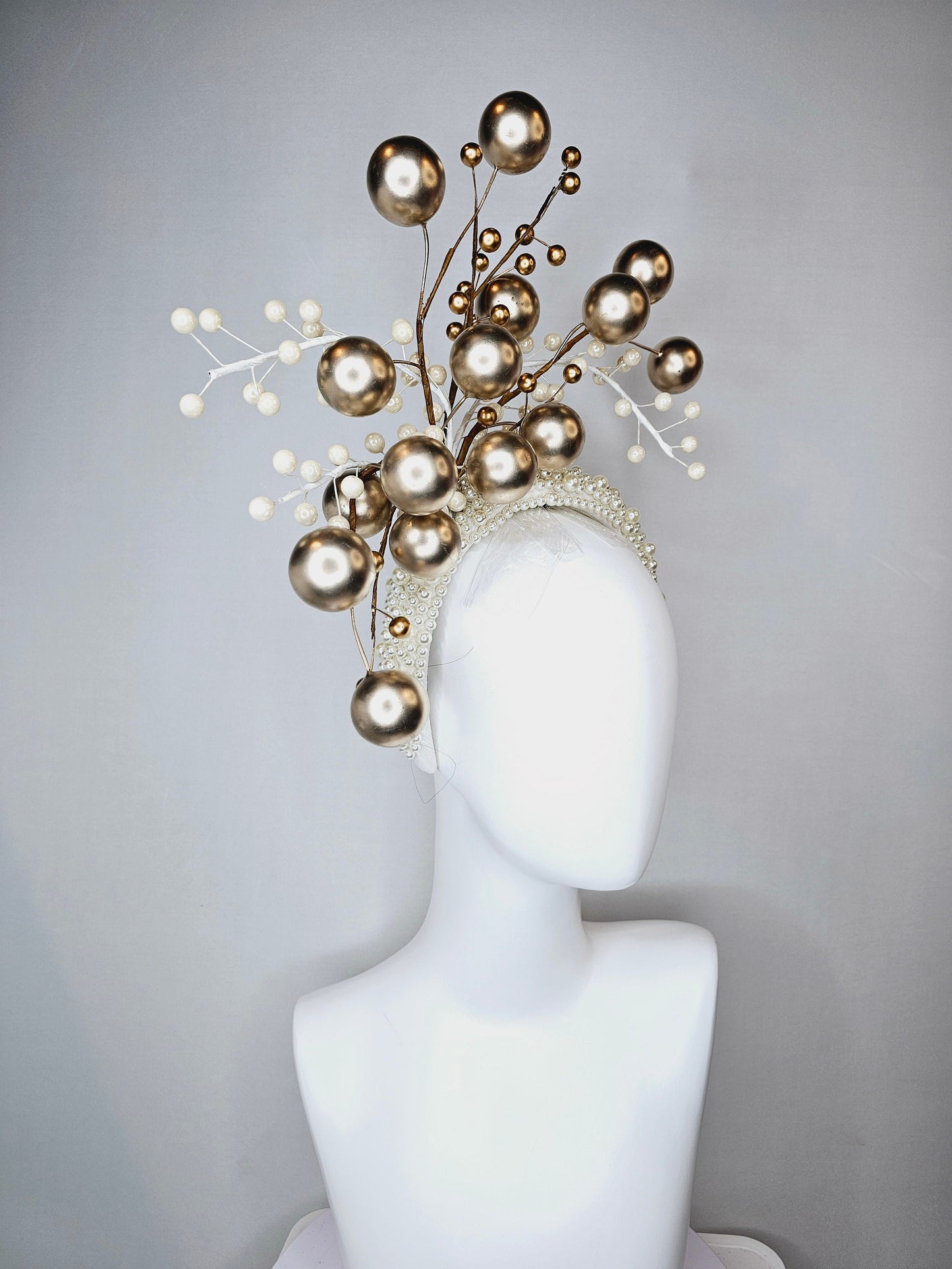 kentucky derby hat pearl padded headband in cream with large small and branching pearls in ivory and taupe metallic bronze