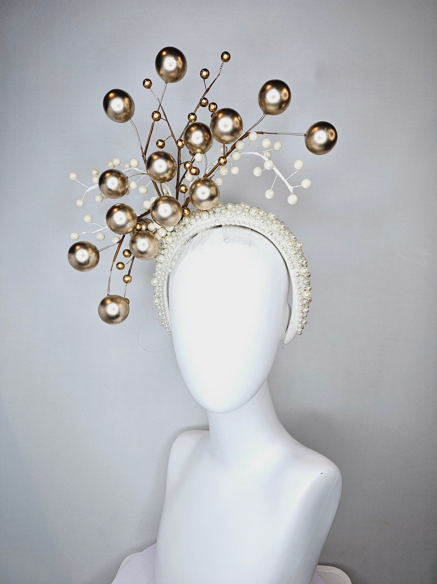 kentucky derby hat pearl padded headband in cream with large small and branching pearls in ivory and taupe metallic bronze