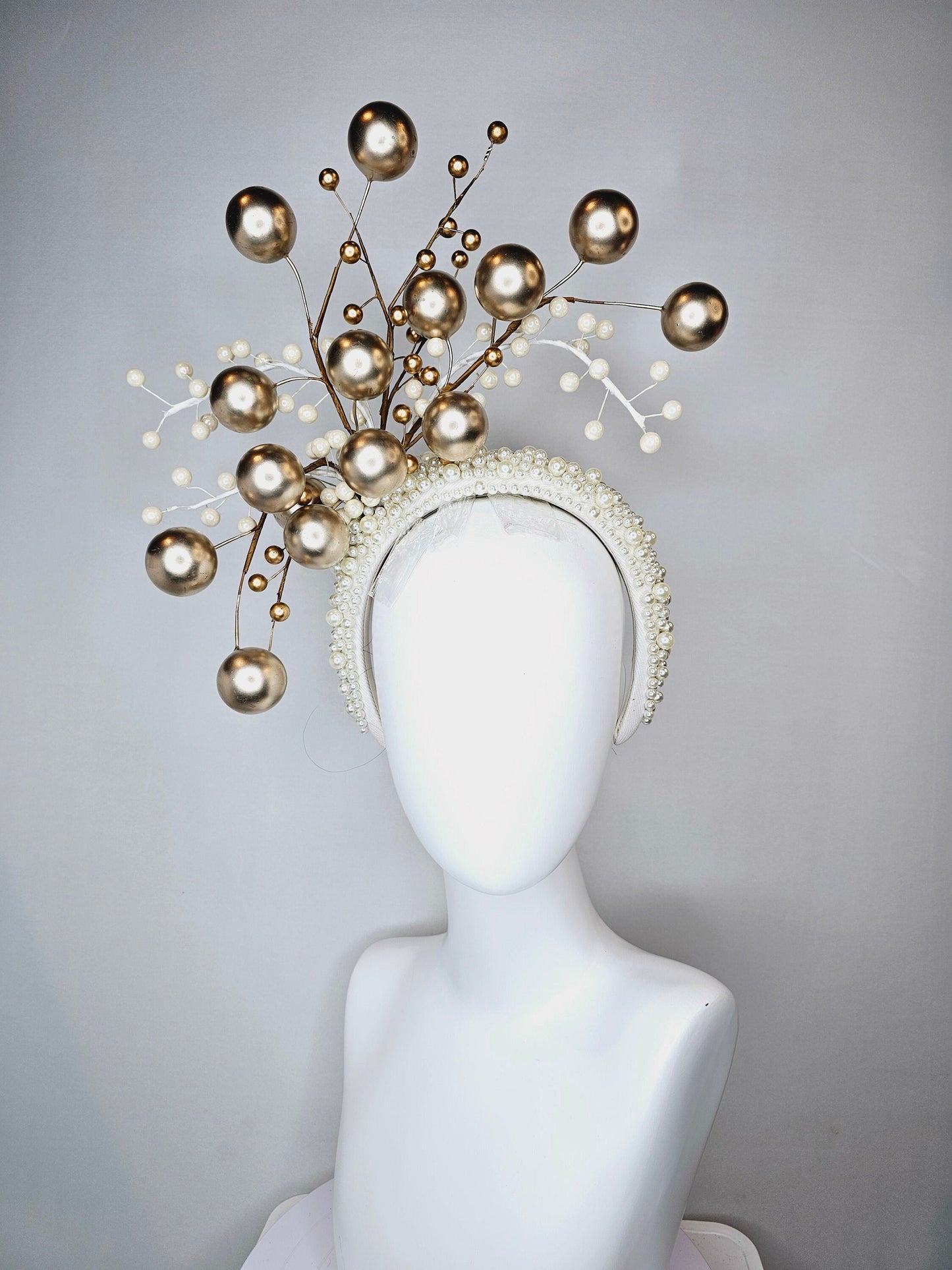 kentucky derby hat pearl padded headband in cream with large small and branching pearls in ivory and taupe metallic bronze