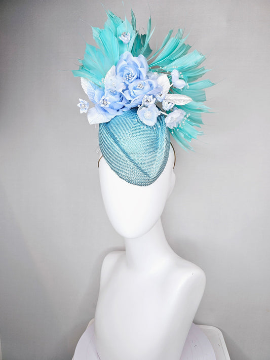 kentucky derby hat fascinator pointed light blue buntal with light blue flowers roses pearls  blue leaves and blue aqua large feathers